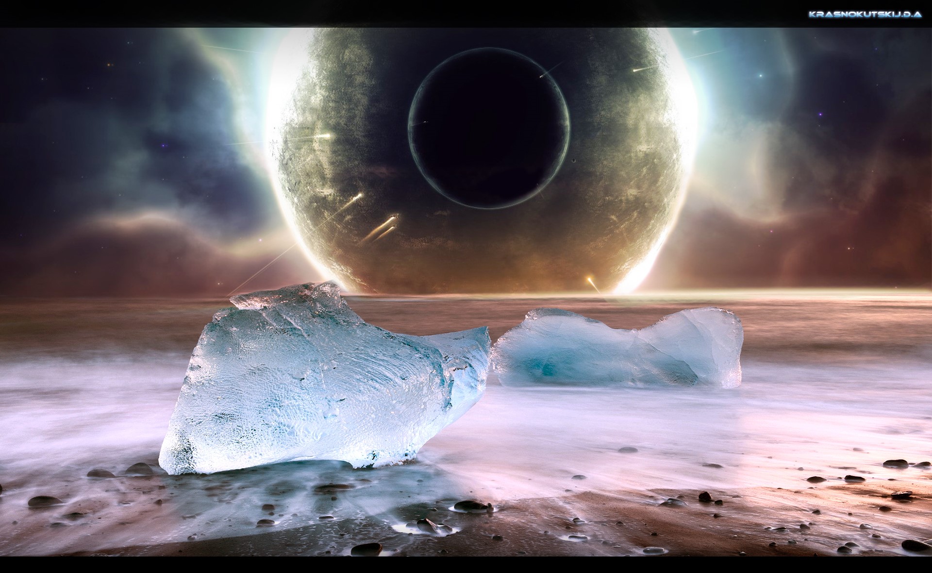 Ice on a beach with a planet in the sky HD Wallpaper