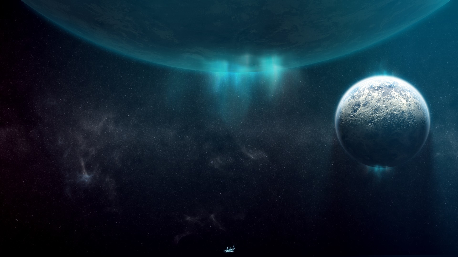 Two planets in space with aurora HD Wallpaper