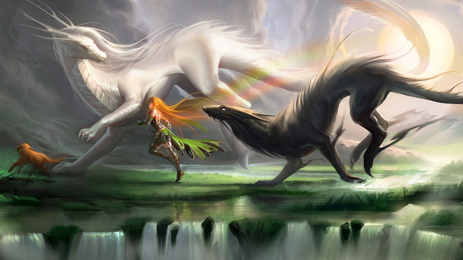 Two dragons, a girl, and a dog in a fantasy landscape HD Wallpaper