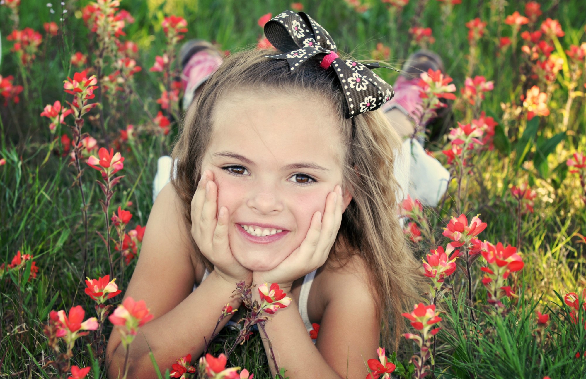 Young girl with bow in hair lying in field of flowers HD Wallpaper