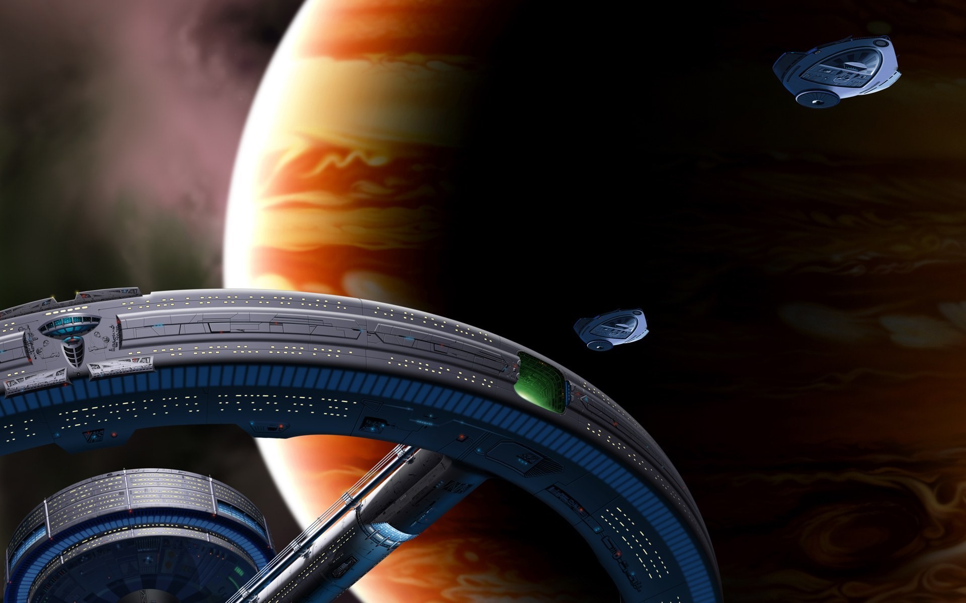 Orbital stations near a planet HD Wallpaper