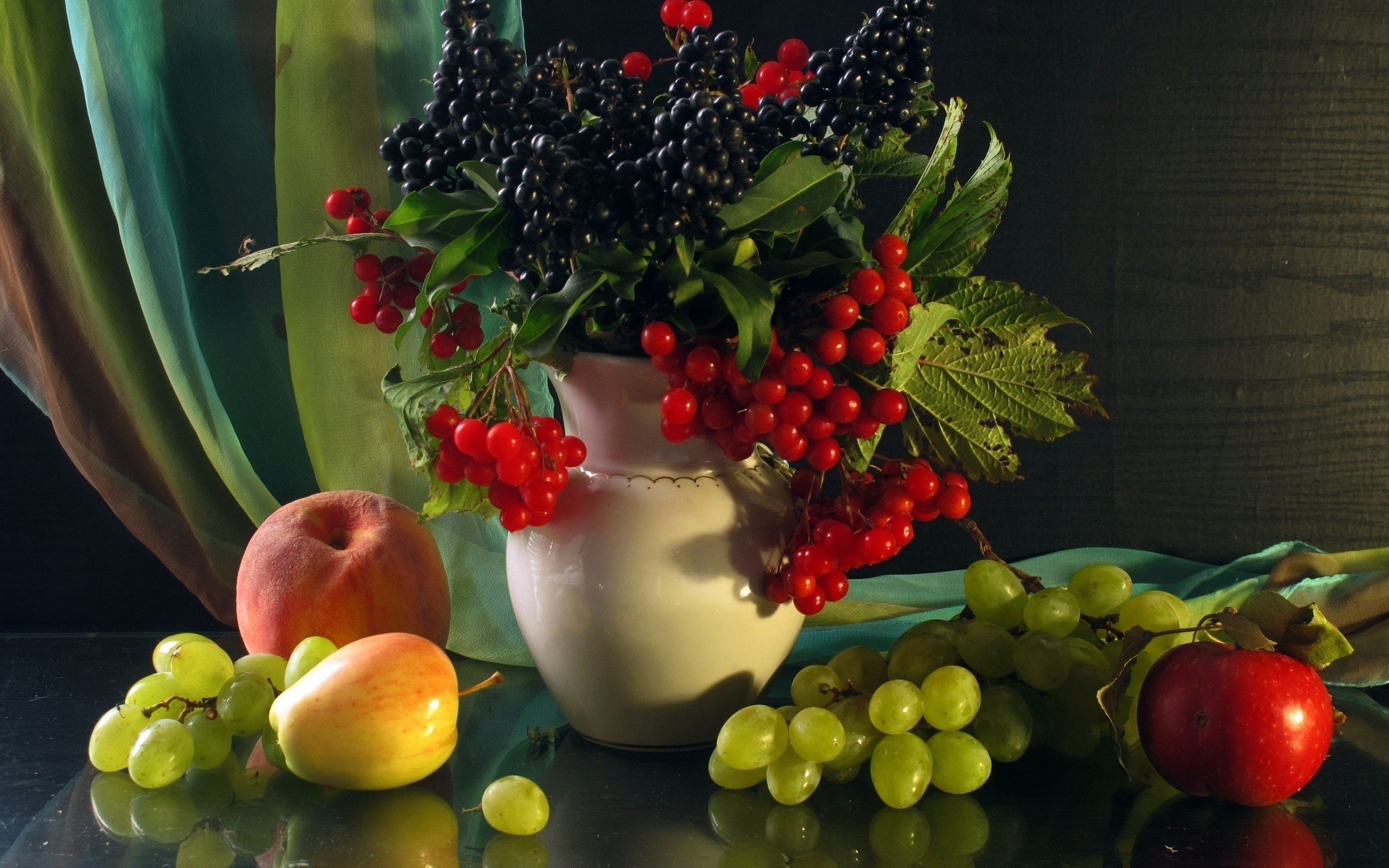 Still-life with fruit and berries in a vase HD Wallpaper