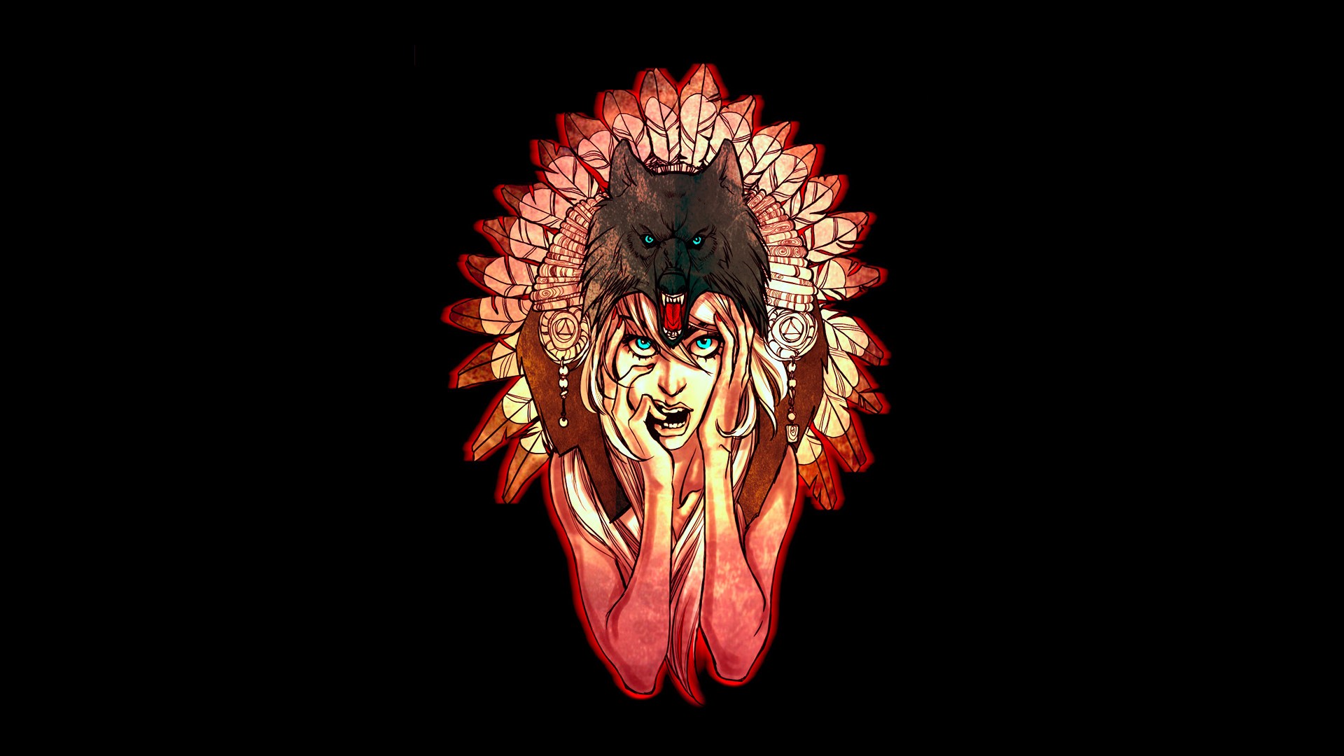 Woman wearing a wolf headdress with feathers HD Wallpaper