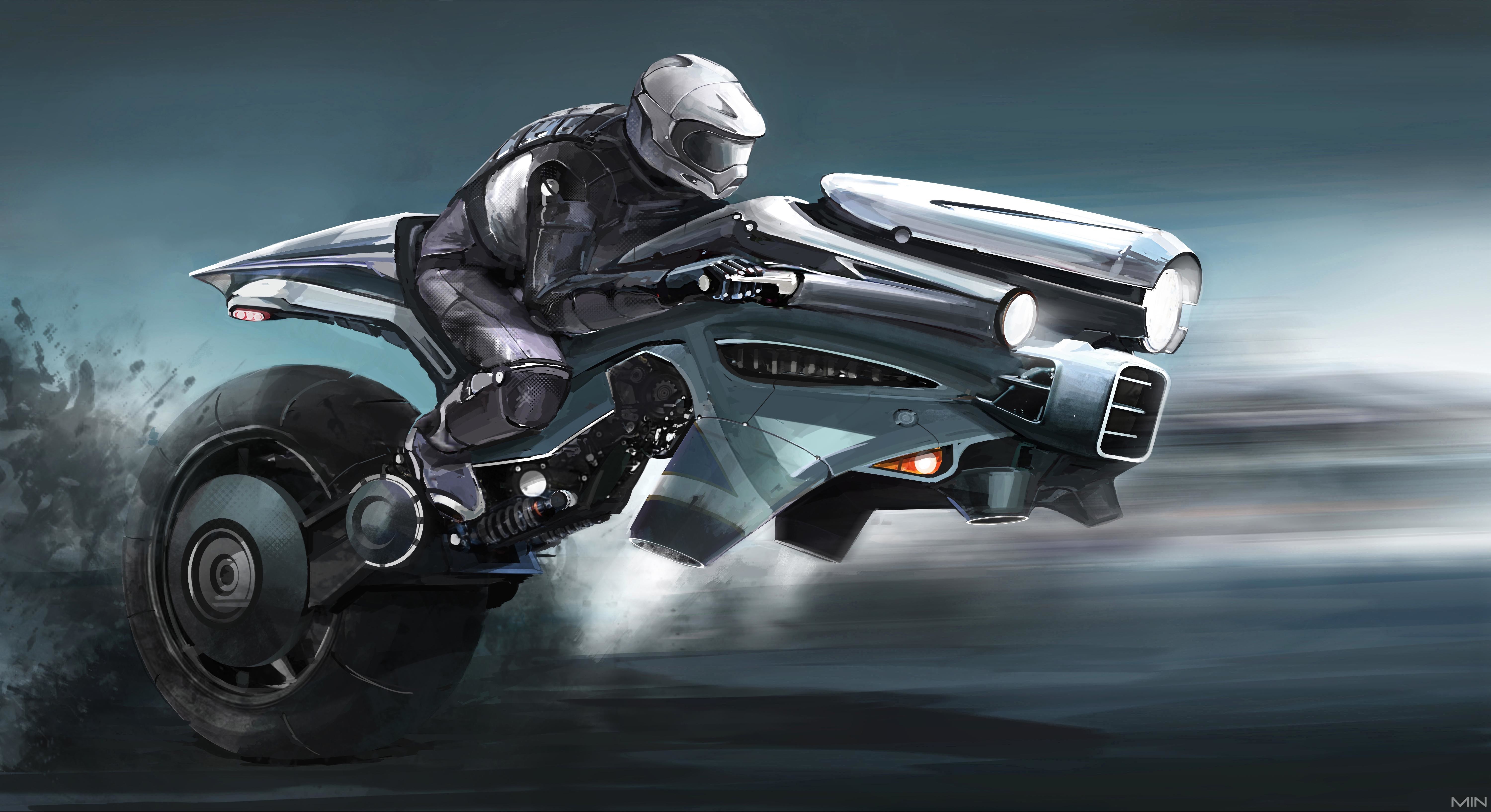 Futuristic motorcycle rider in motion HD Wallpaper