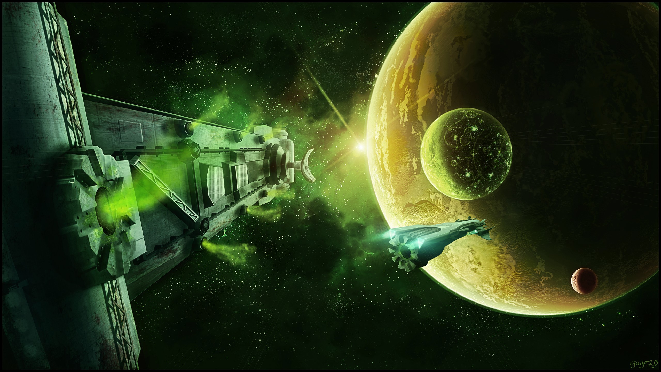 Space station and planets with spaceship HD Wallpaper
