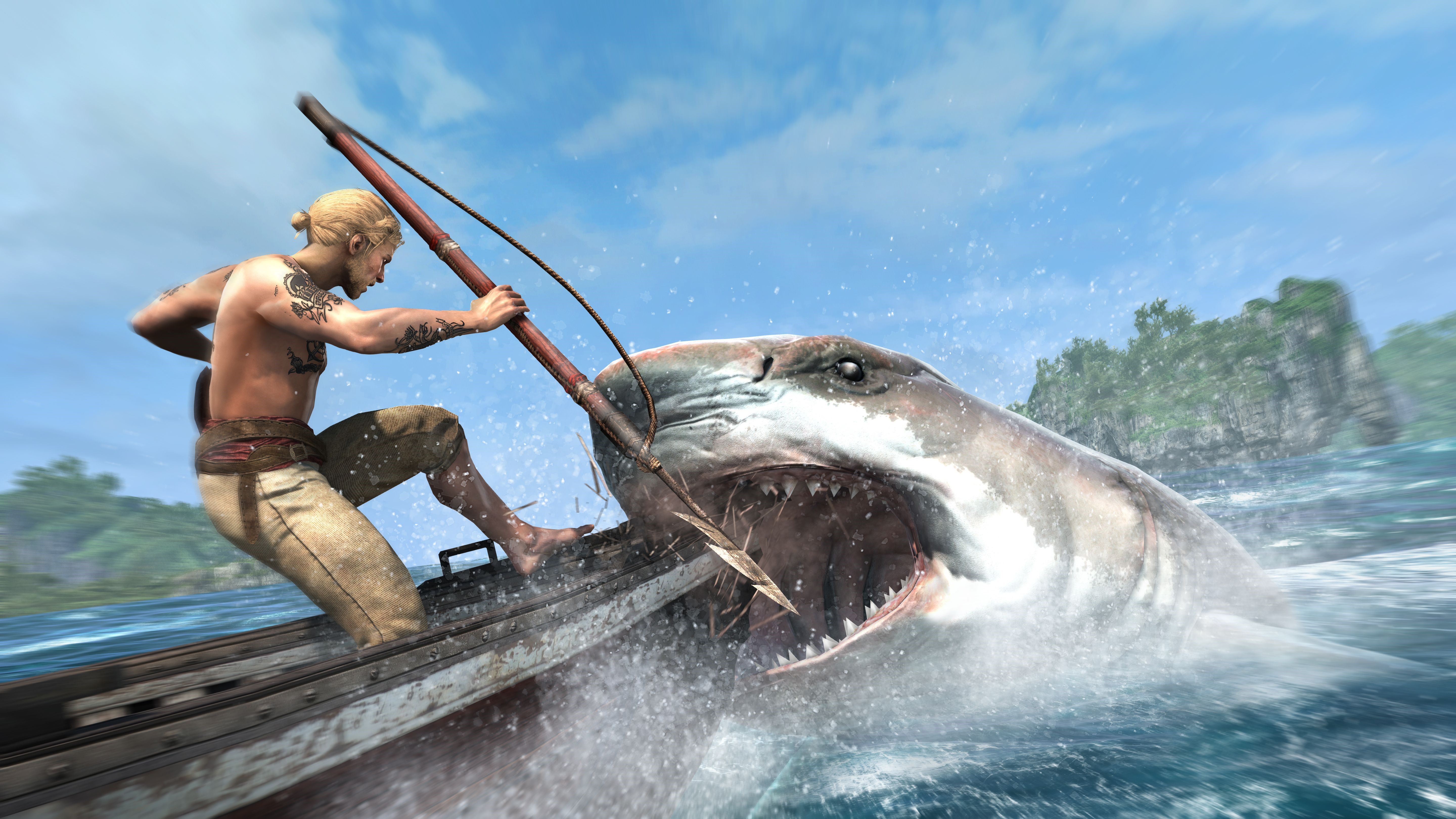 Man fighting a shark from a boat in Assassin's Creed 4 Black Flag HD Wallpaper