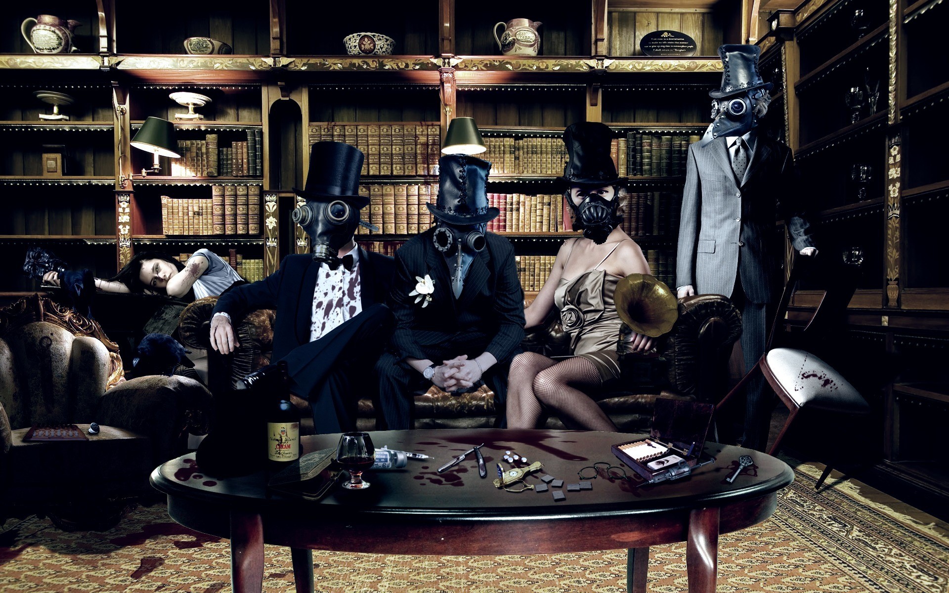 People in gas masks and hats in a library HD Wallpaper