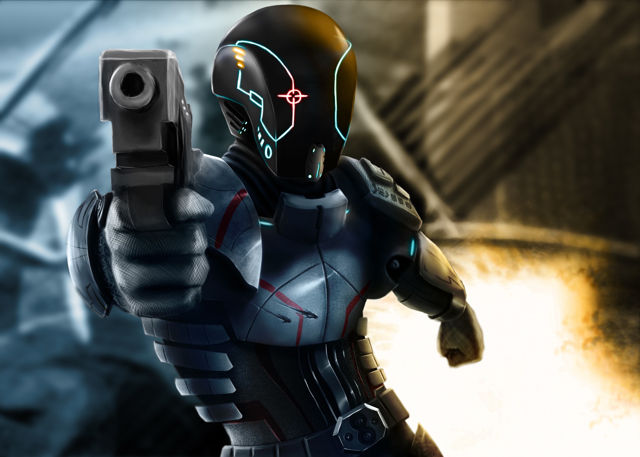 Armored warrior with helmet and pistol HD Wallpaper