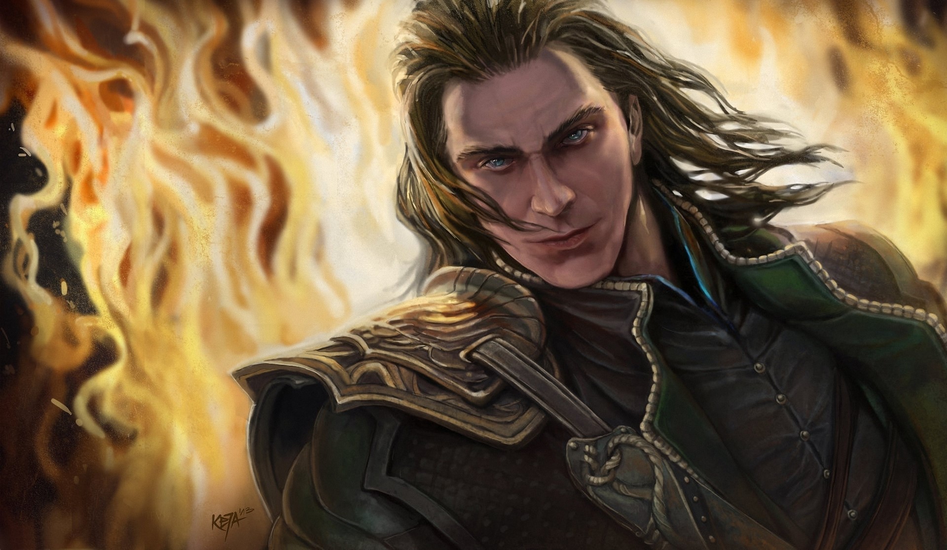 Loki in front of flames HD Wallpaper