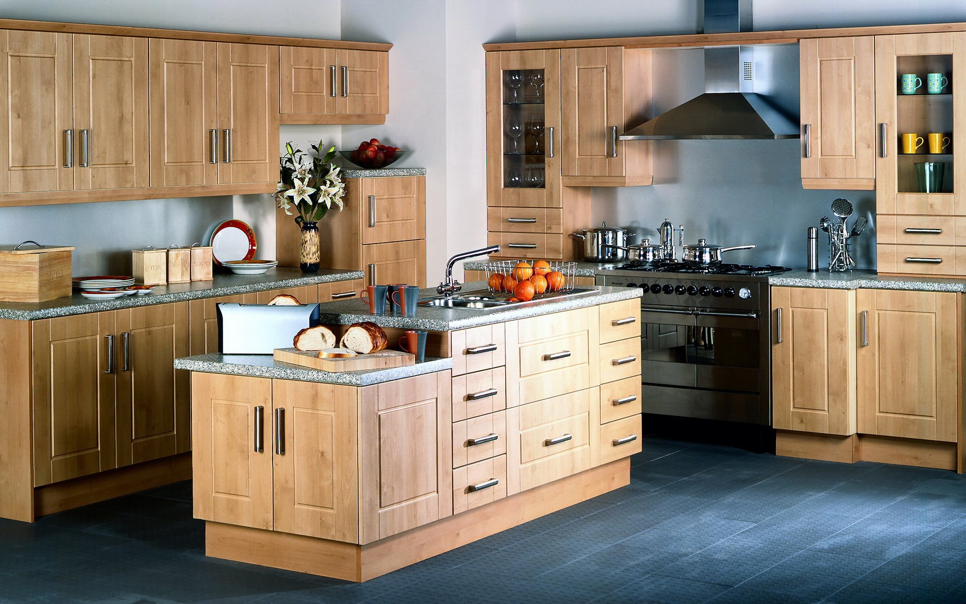 Modern wooden kitchen with island and appliances HD Wallpaper