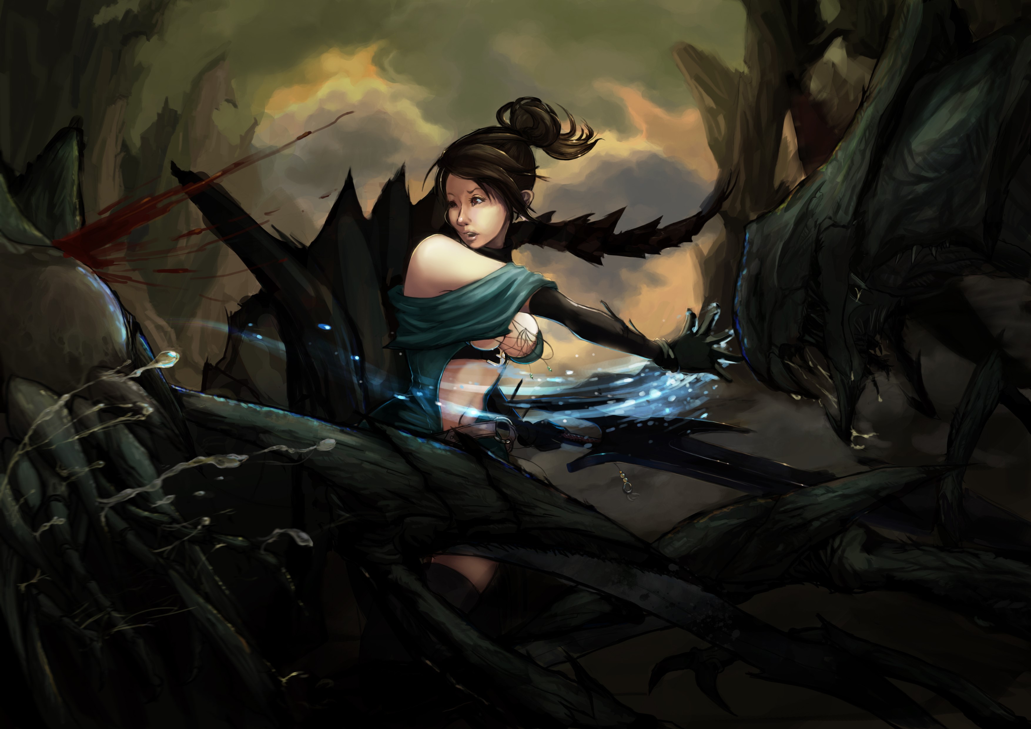 Woman in blue dress fighting dark creatures HD Wallpaper