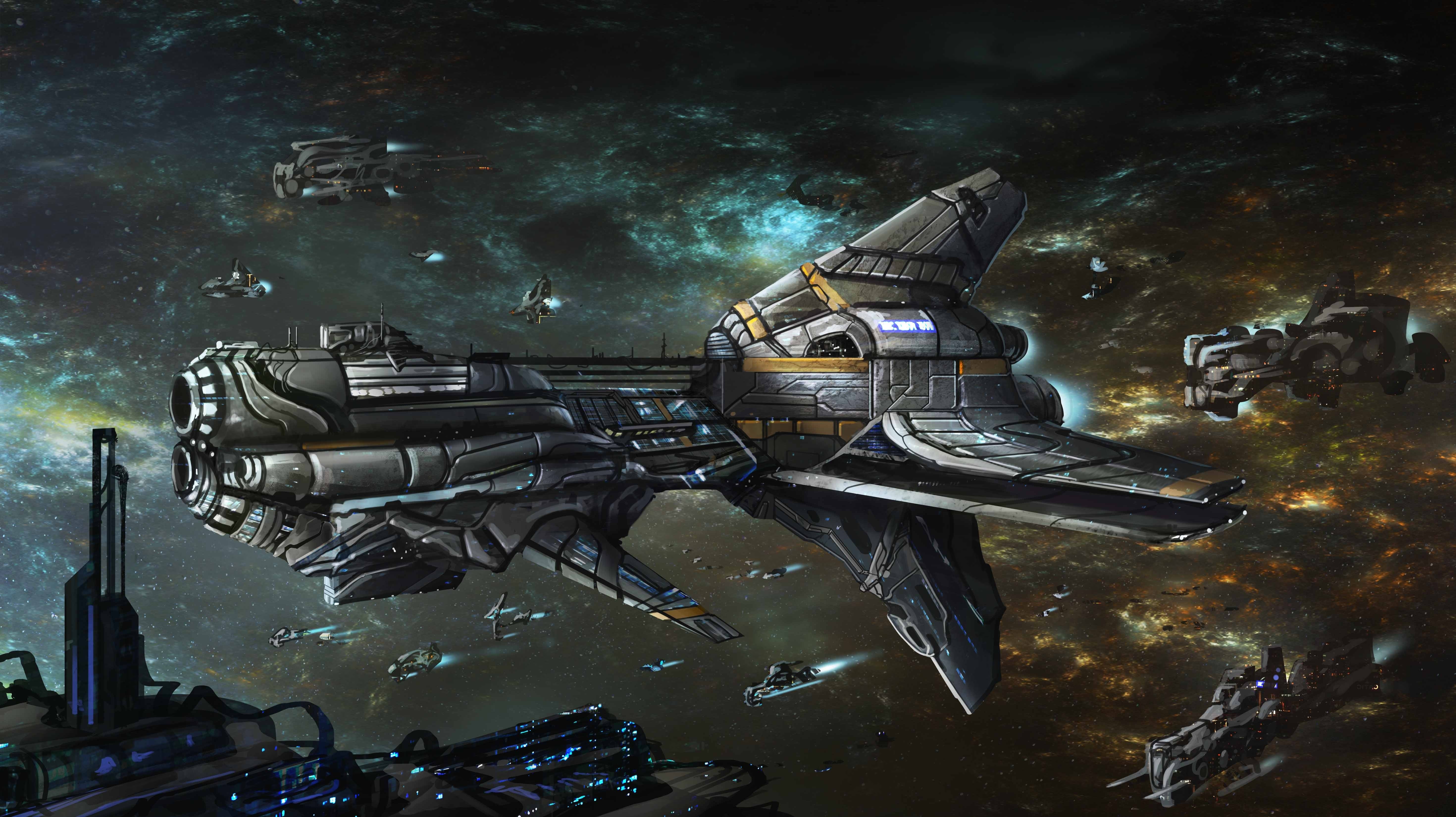 Space fleet with large mothership and smaller ships HD Wallpaper
