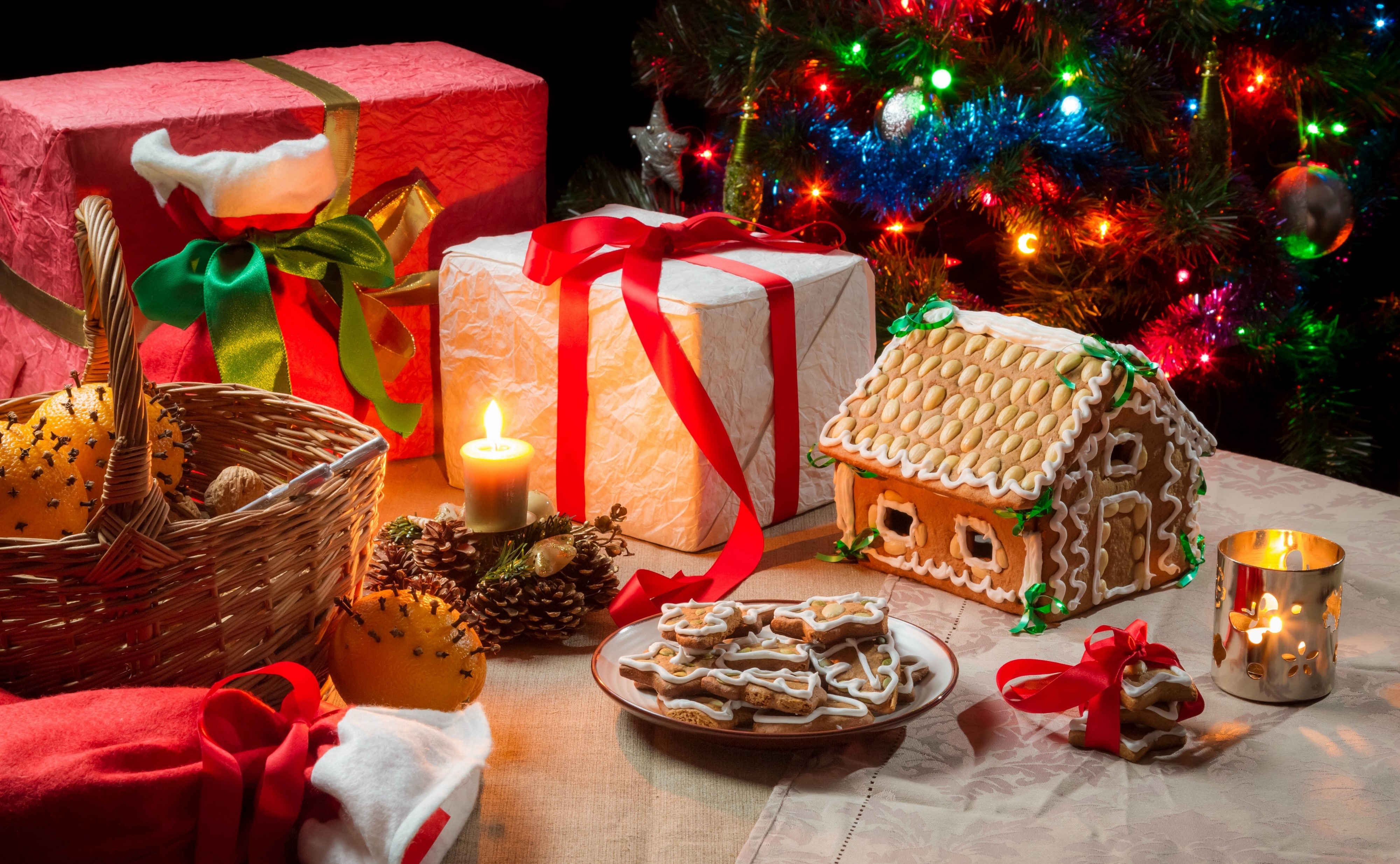 Christmas Gifts, Cookies, and Gingerbread House HD Wallpaper