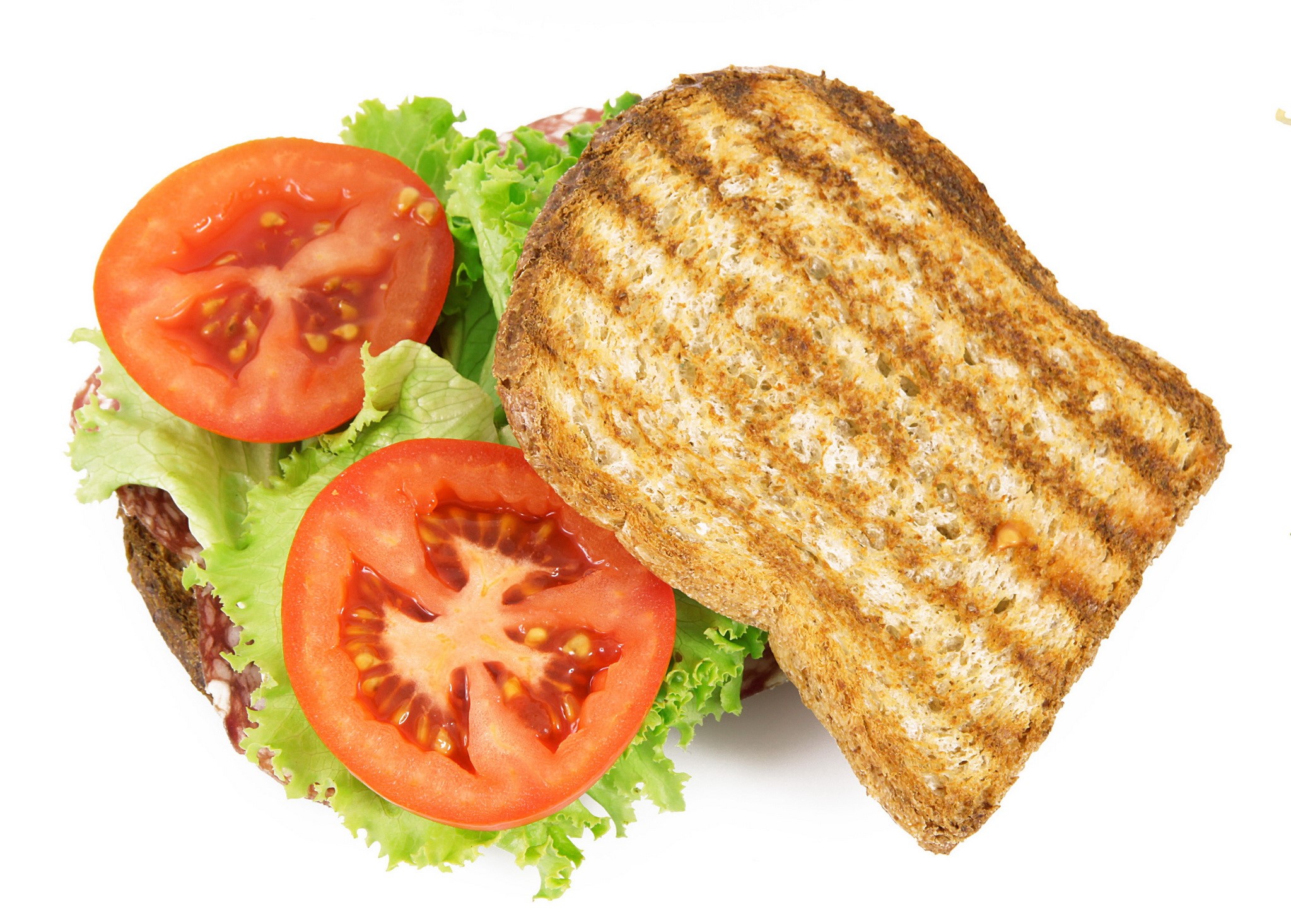 Sandwich with tomatoes, lettuce, and salami HD Wallpaper