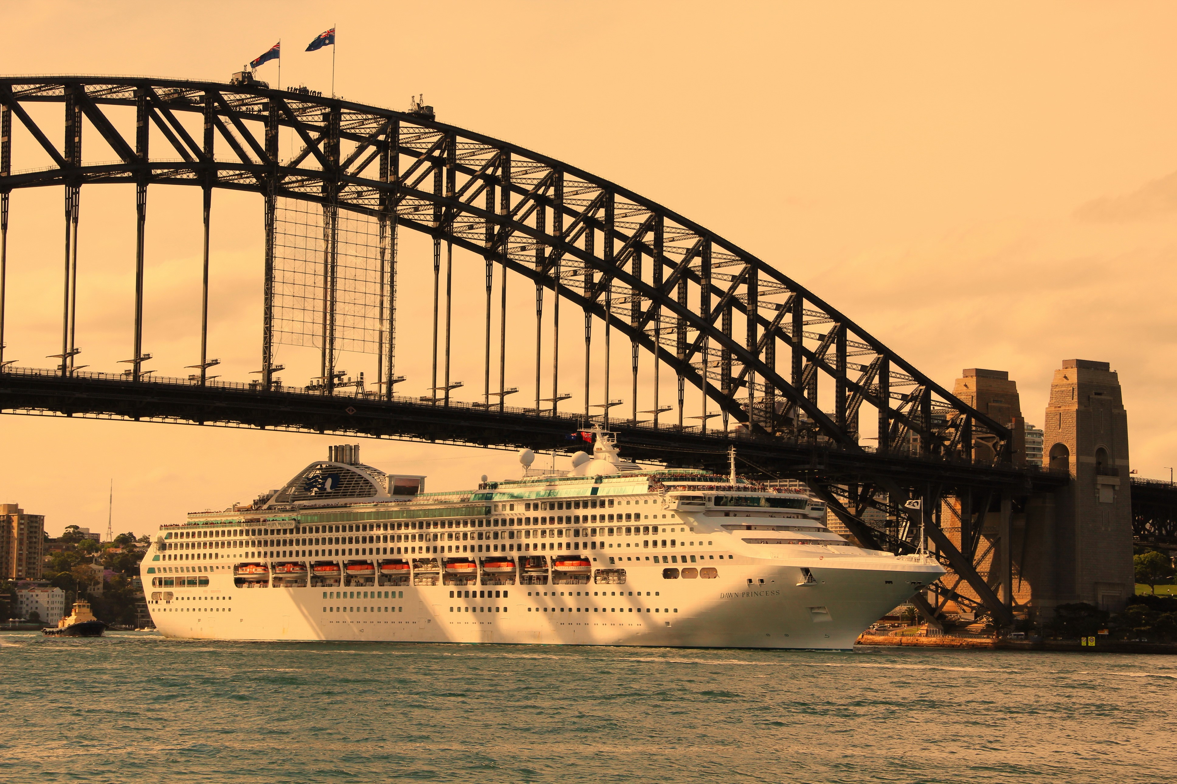 Cruise liner passing under Sydney Harbour Bridge HD Wallpaper