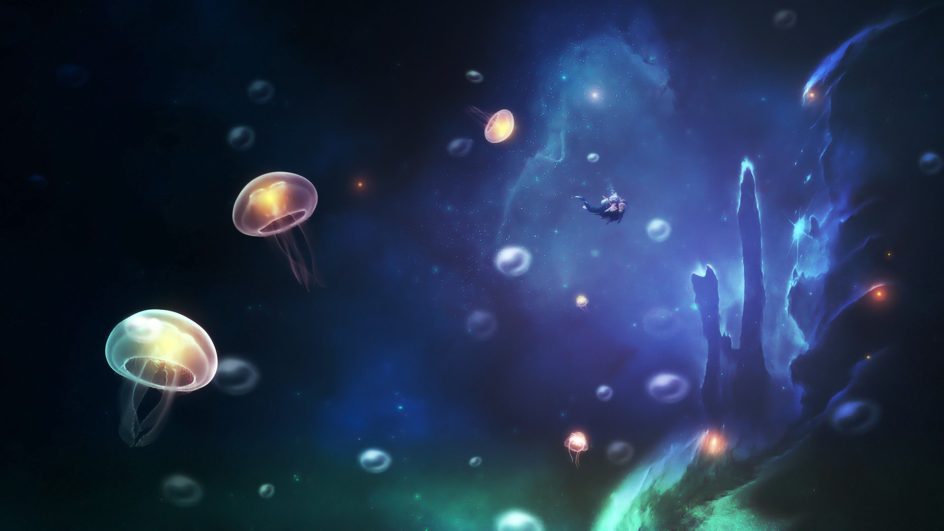 Astronaut swimming with jellyfish in space nebula HD Wallpaper