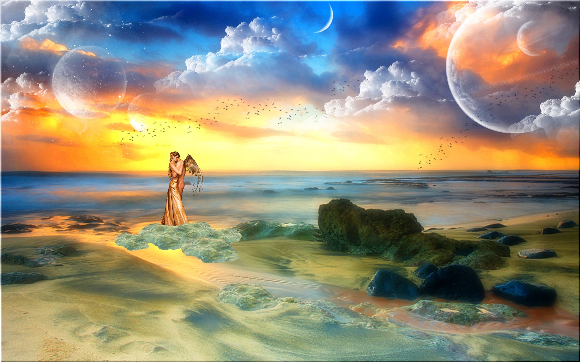 Angel couple on clouds by the sea with planets HD Wallpaper