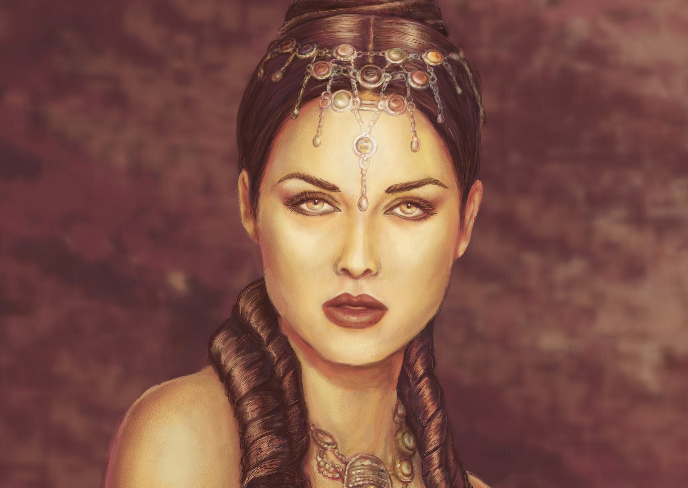 Woman with elaborate jewelry and braided hair HD Wallpaper