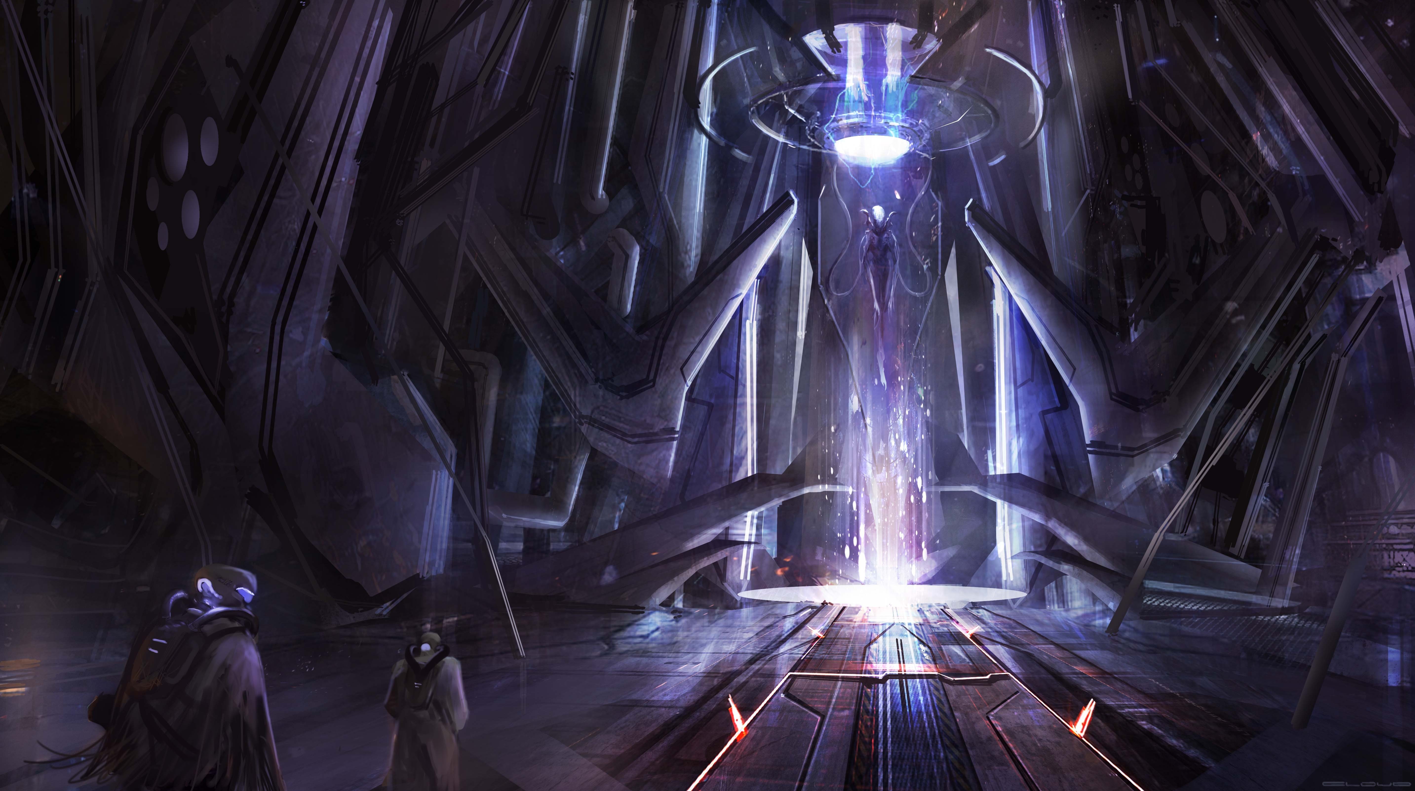 Sci-fi chamber with energy beam and figures HD Wallpaper