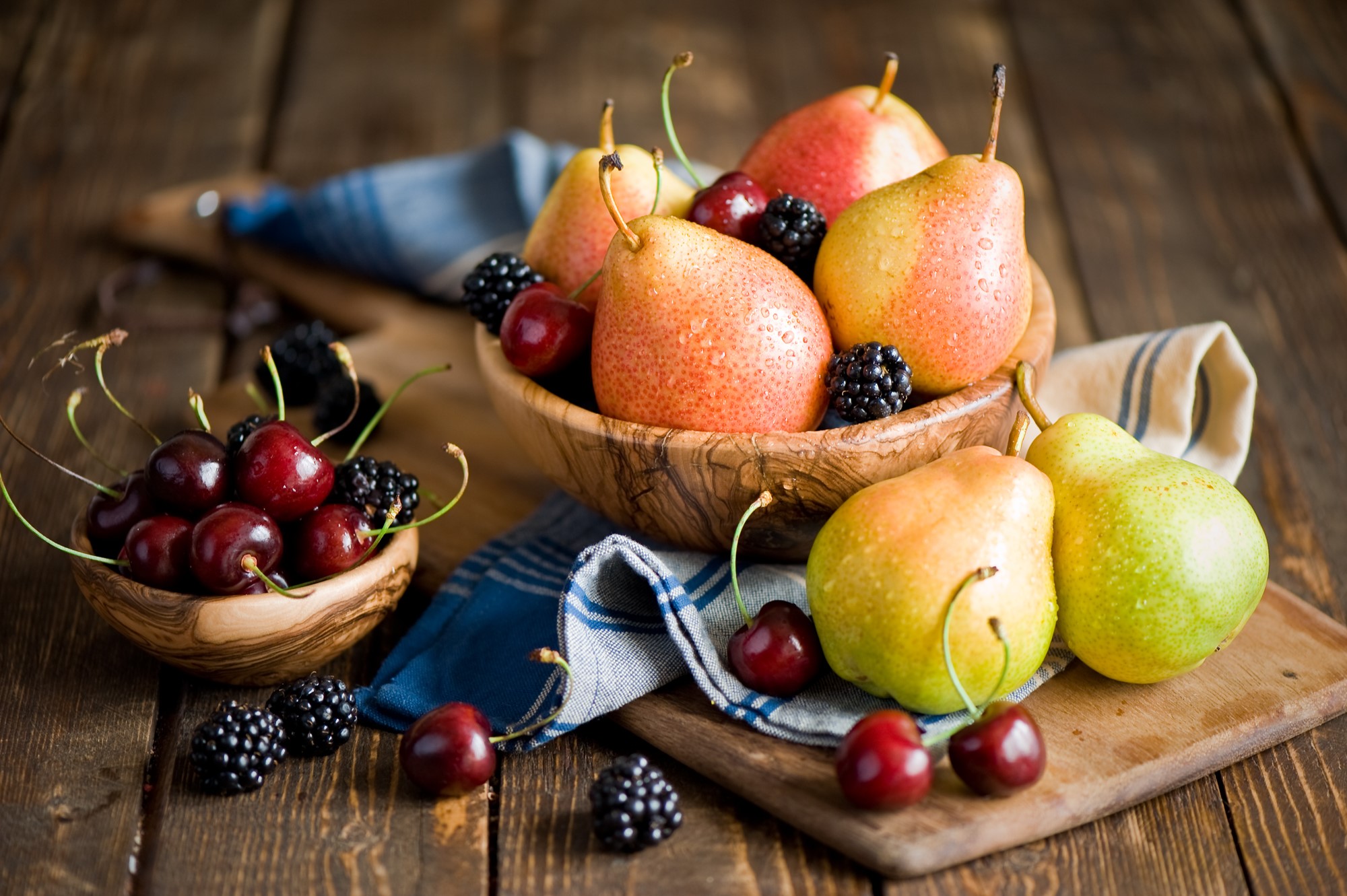 Pears, Cherries, and Blackberries in Bowls HD Wallpaper