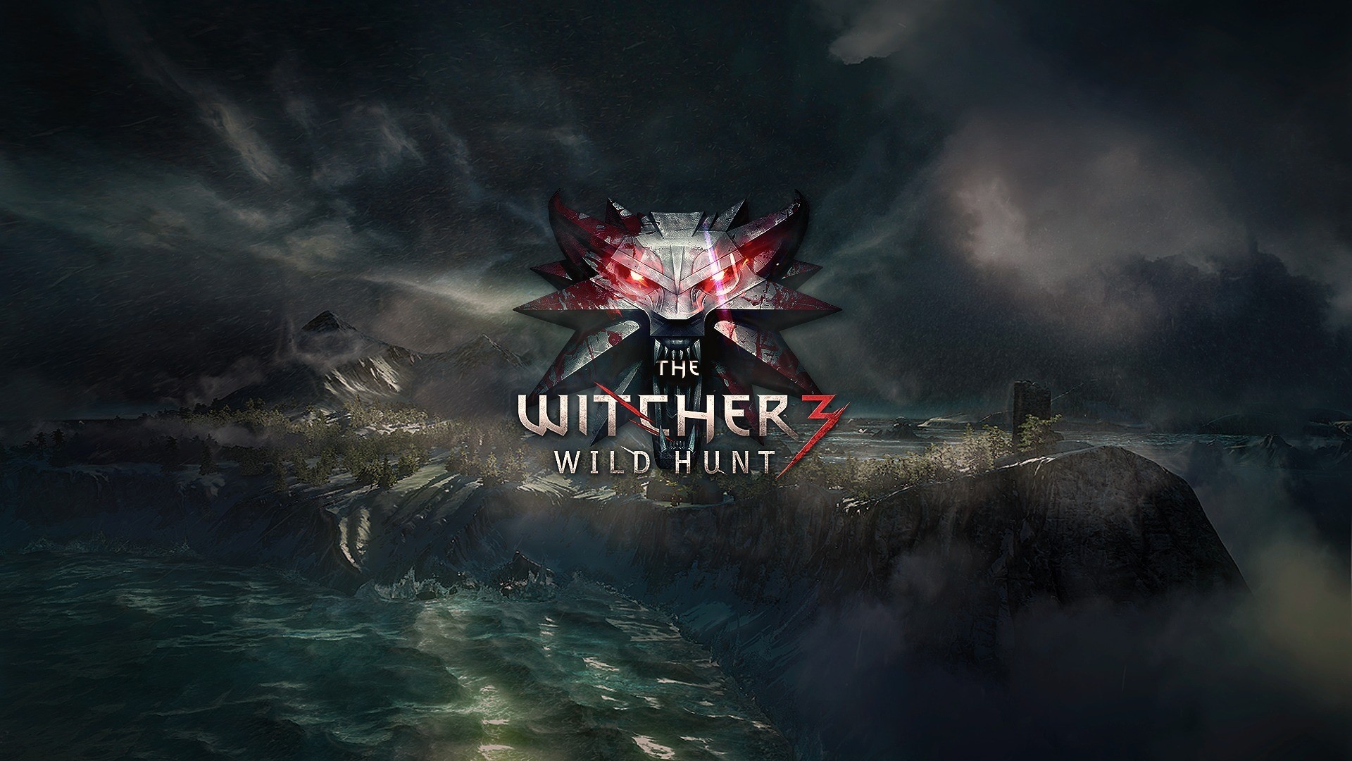 The Witcher 3: Wild Hunt logo over a stormy landscape HD Wallpaper