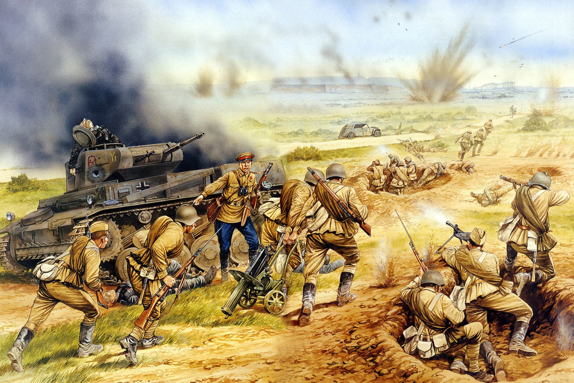 World War II painting of soldiers in battle with a tank HD Wallpaper