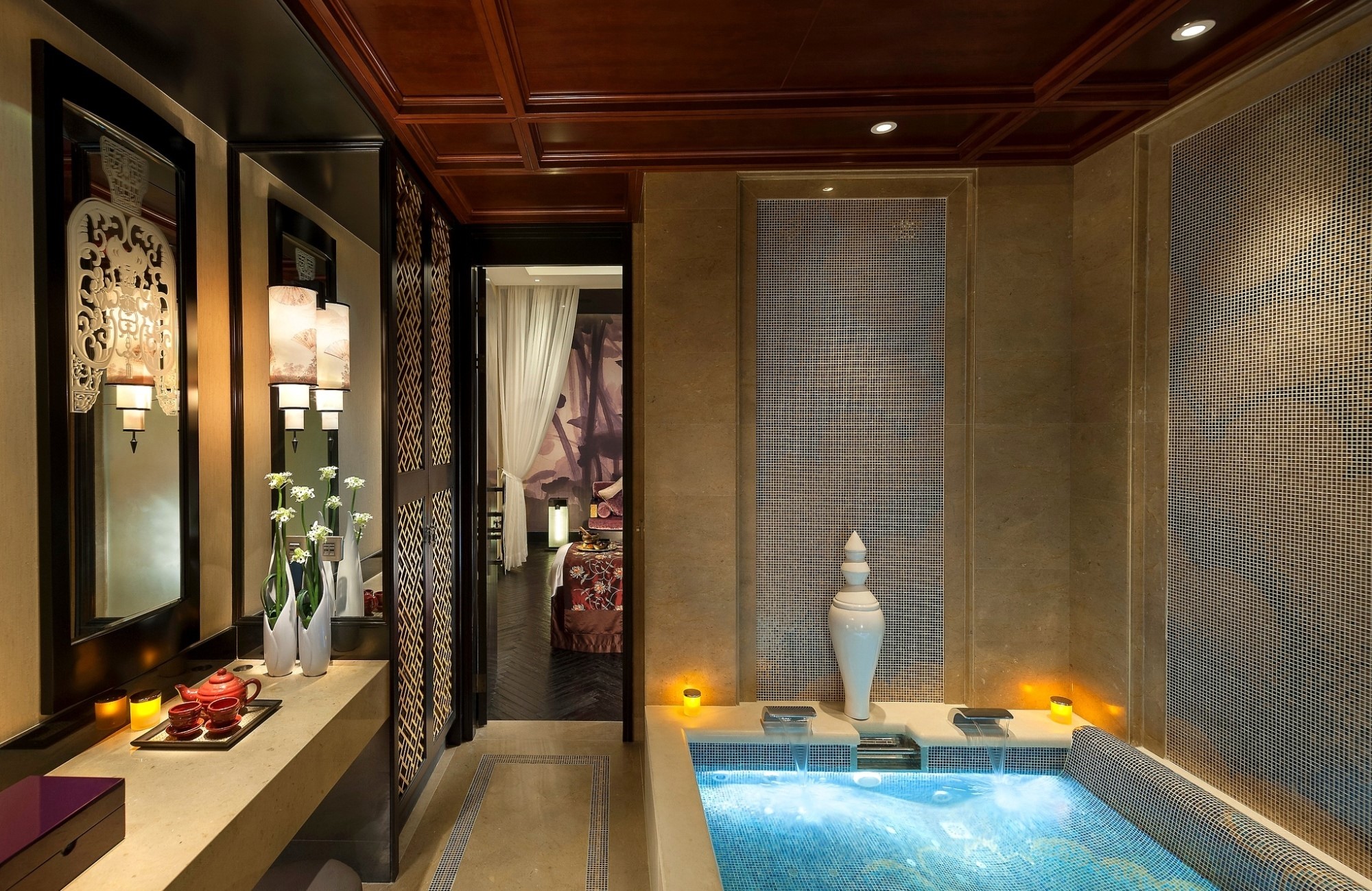 Luxury spa bathroom with jacuzzi and vanity HD Wallpaper