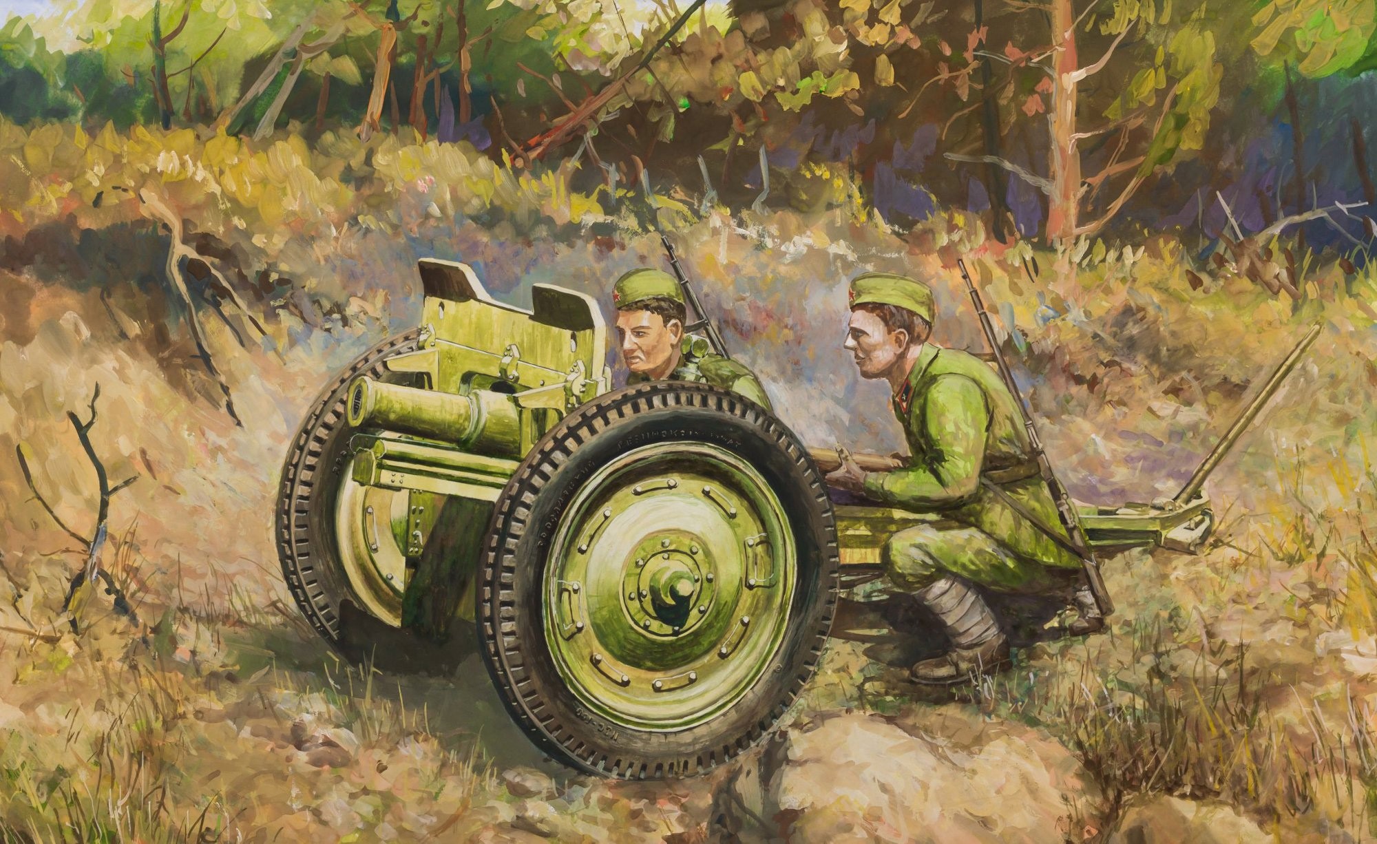 Soldiers operating a field cannon in a wooded area HD Wallpaper