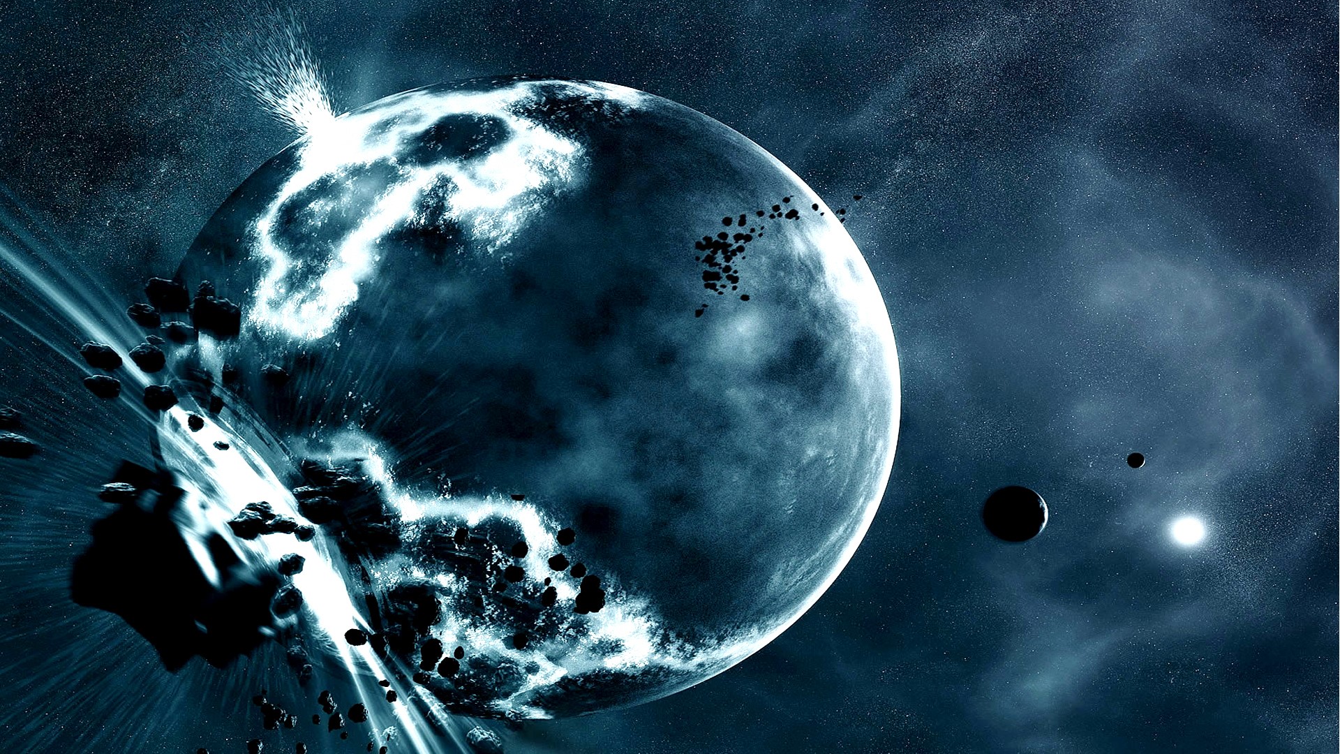 Exploding planet with asteroids in space HD Wallpaper