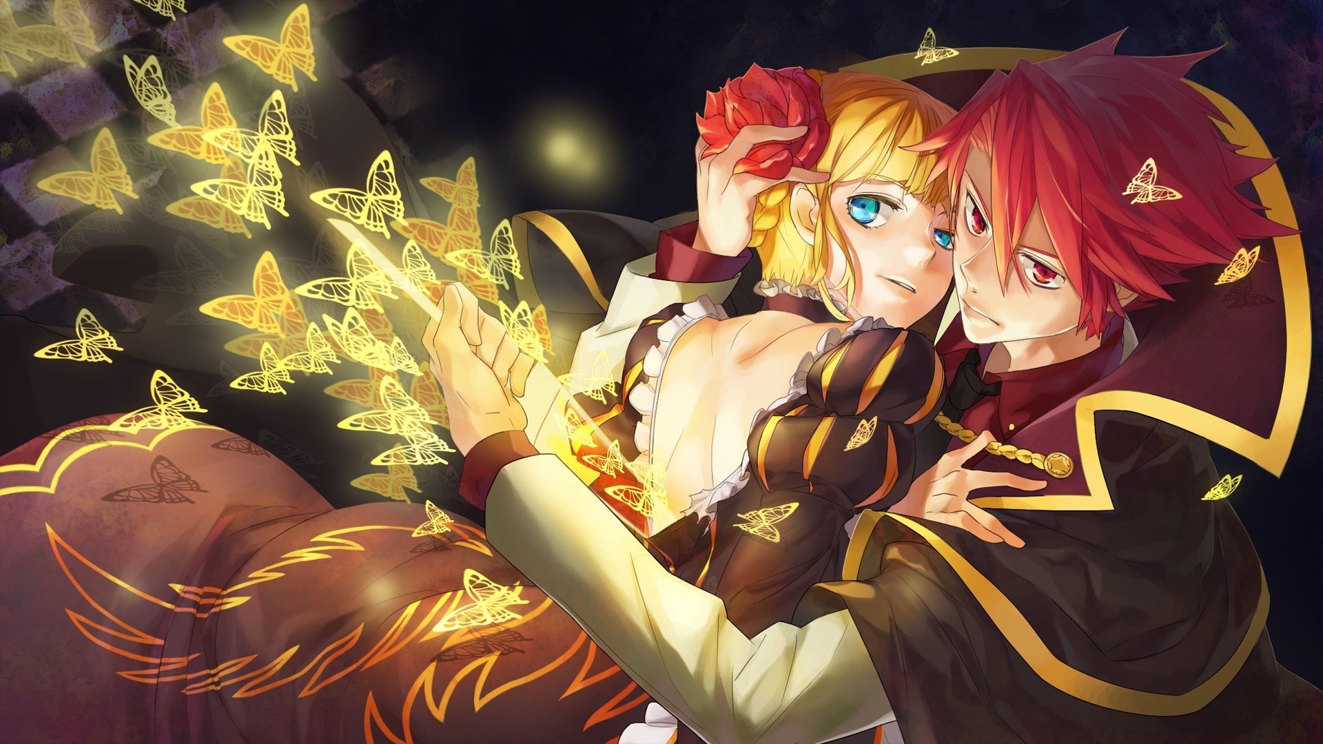 Couple surrounded by glowing butterflies HD Wallpaper