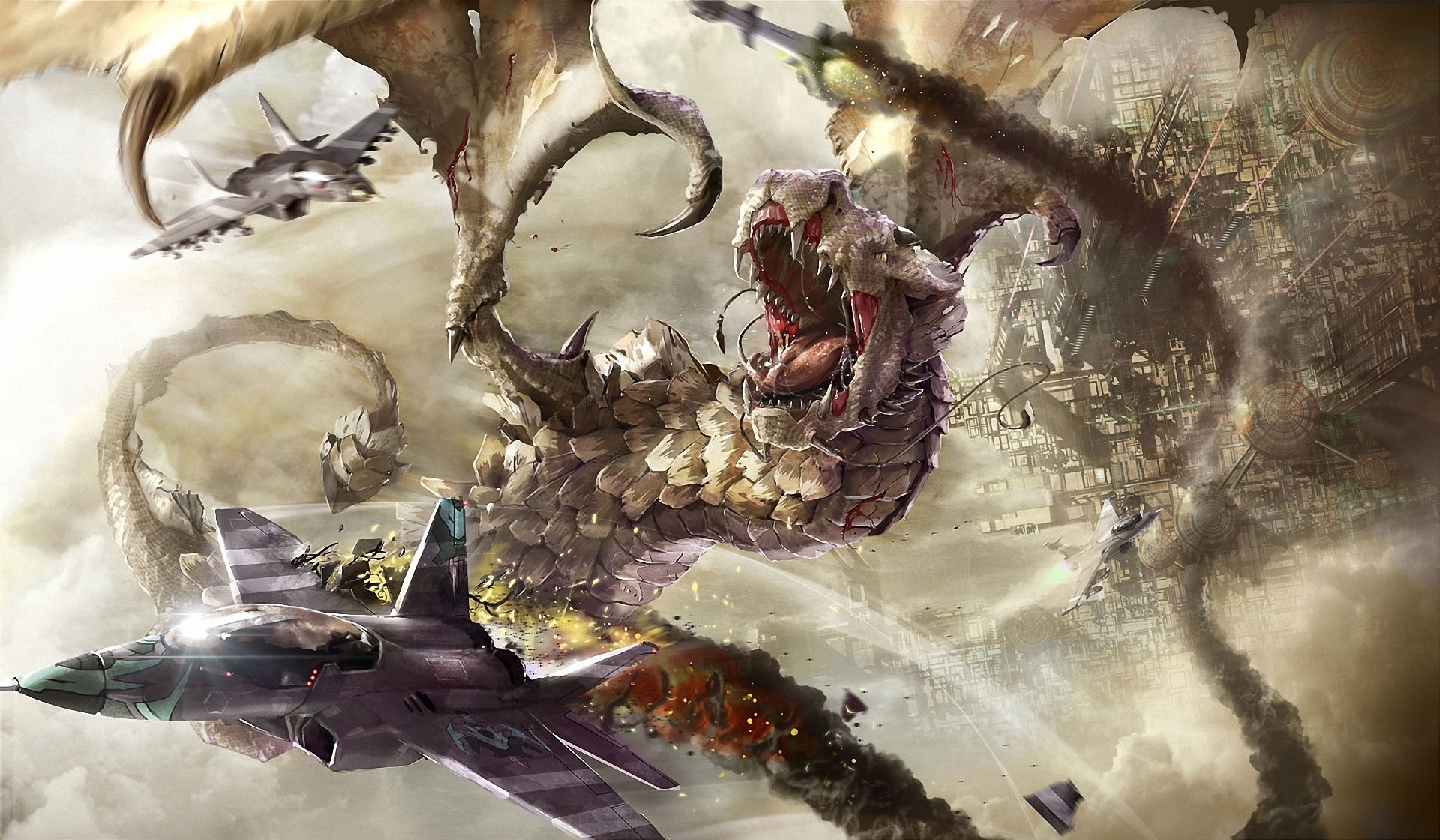 Dragon fighting fighter jets over a futuristic city HD Wallpaper