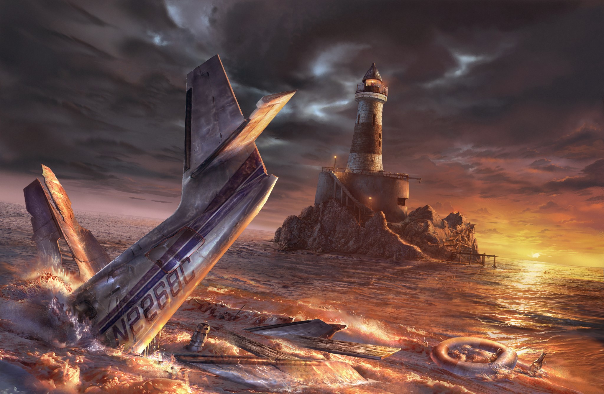 Airplane wreckage in the sea near a lighthouse at sunset HD Wallpaper
