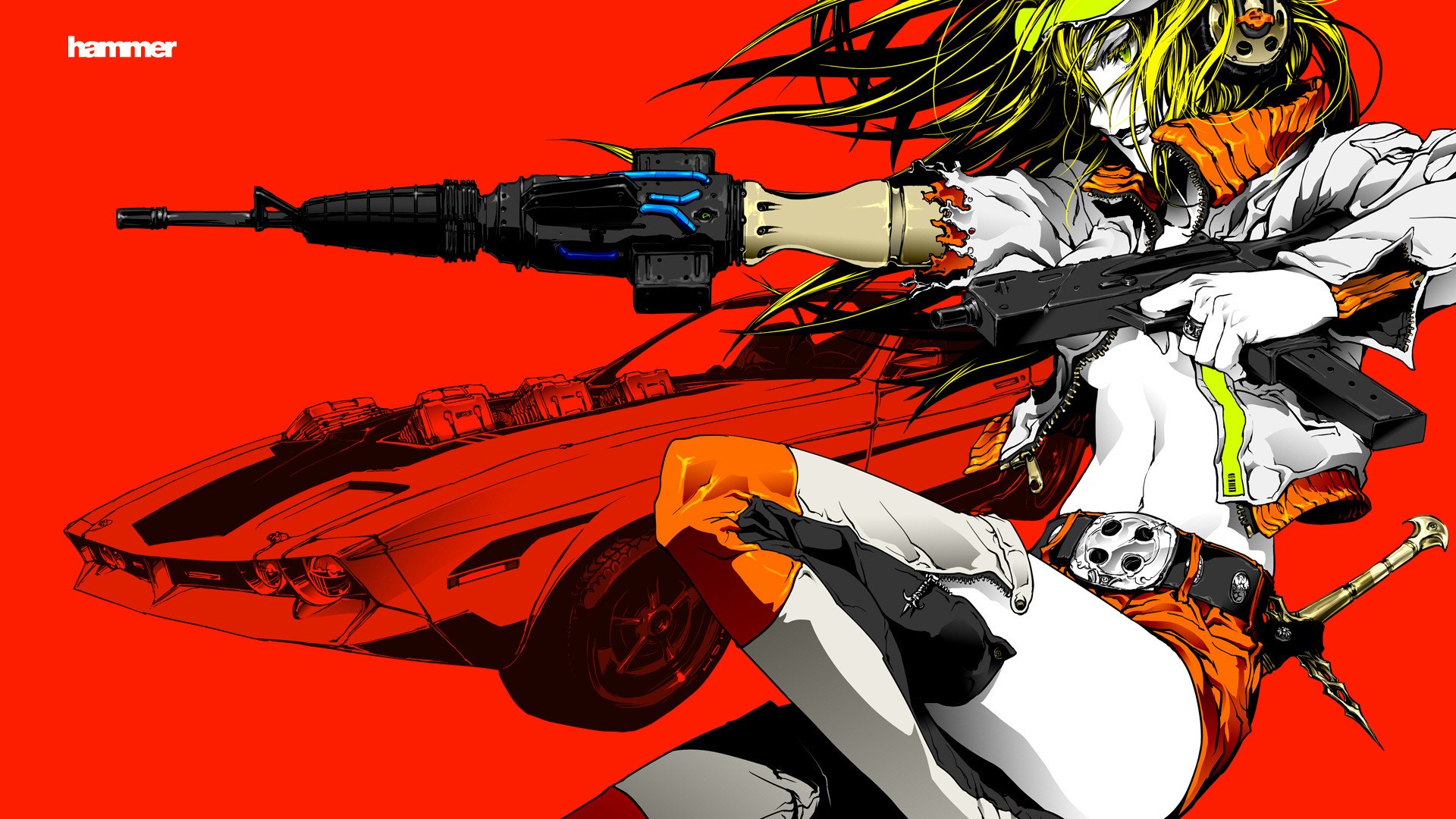 Anime girl with assault rifle and car HD Wallpaper