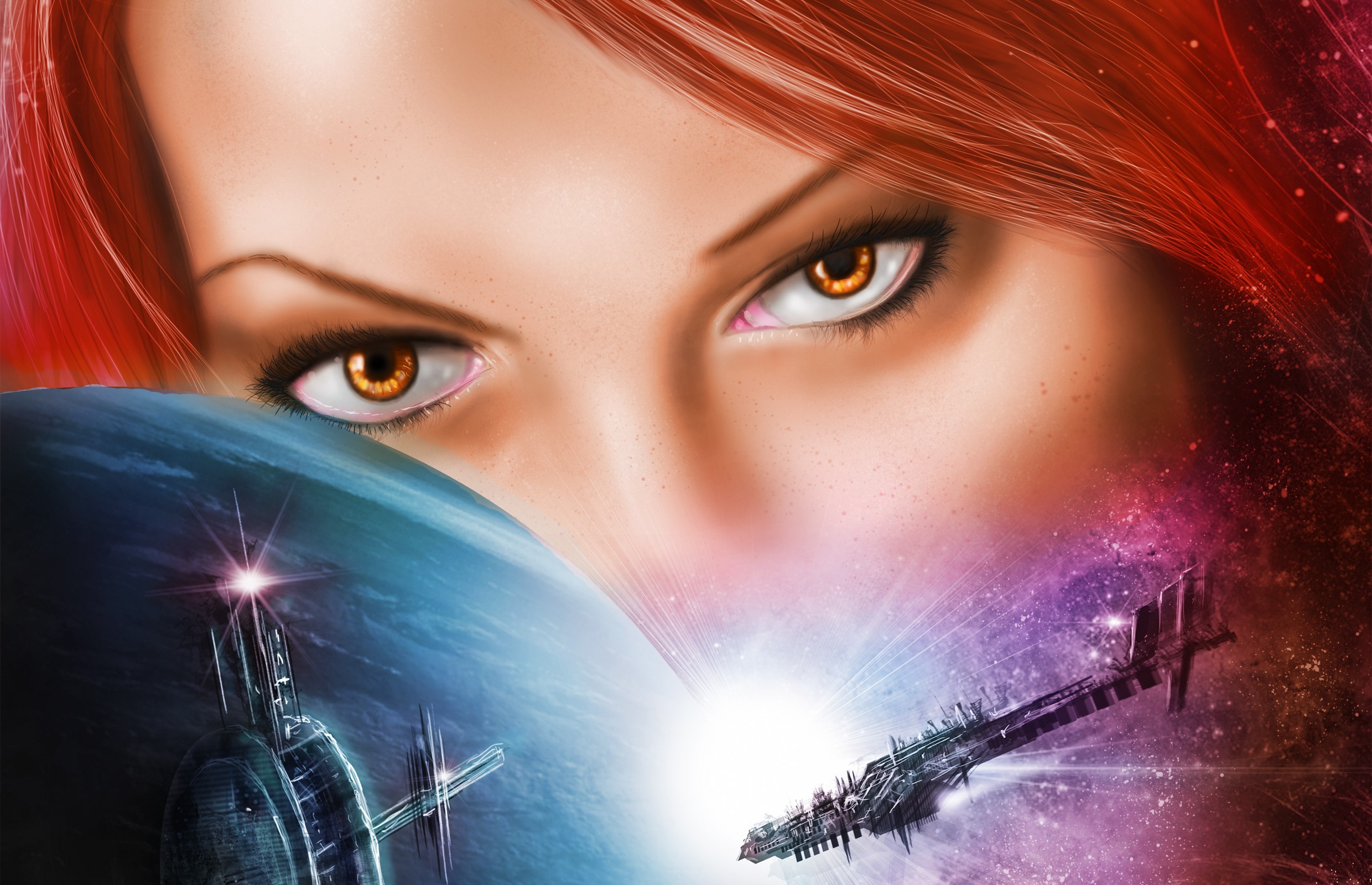 Woman's eyes looking over orbital stations and spaceships HD Wallpaper
