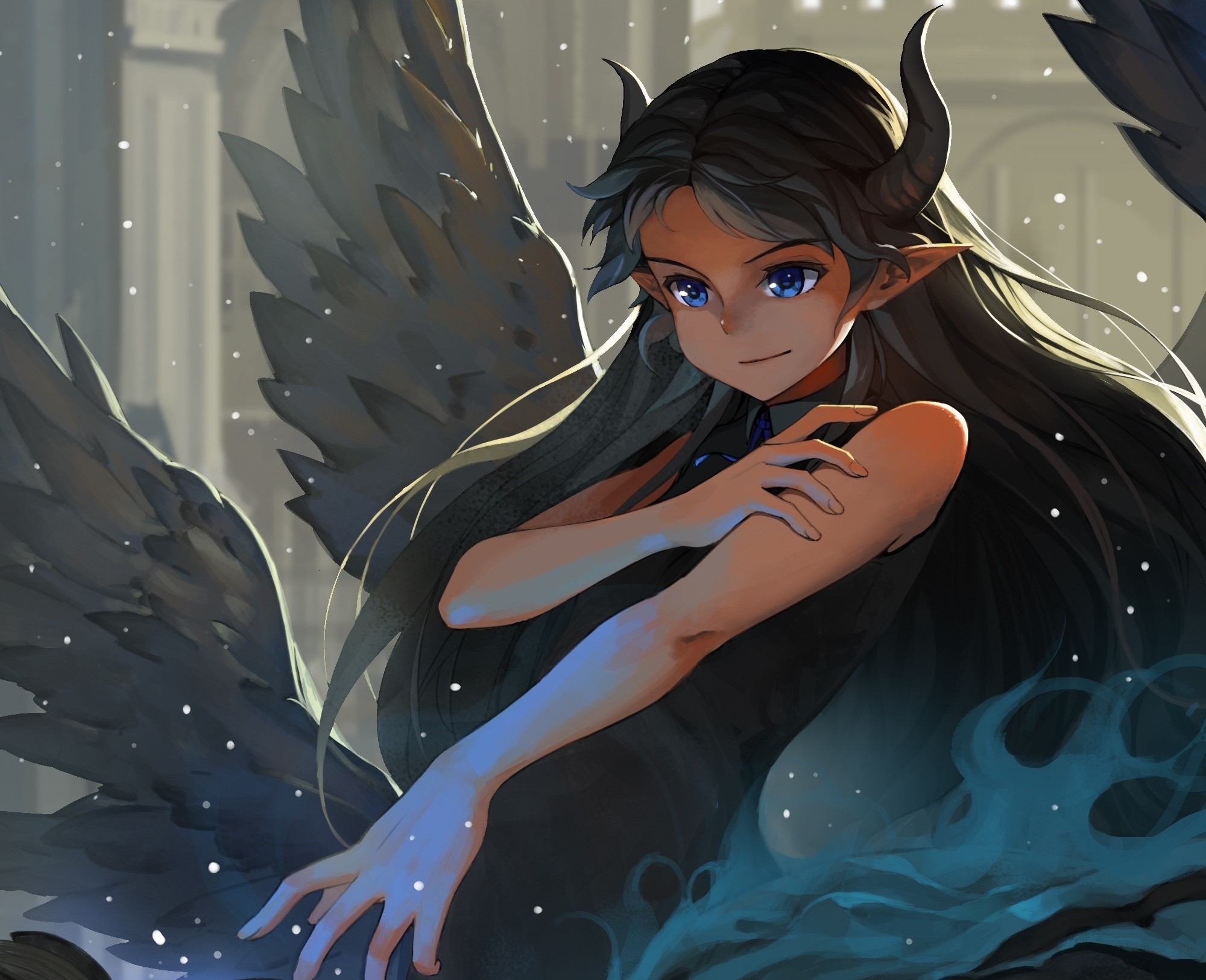 Winged demon girl with horns and blue eyes HD Wallpaper