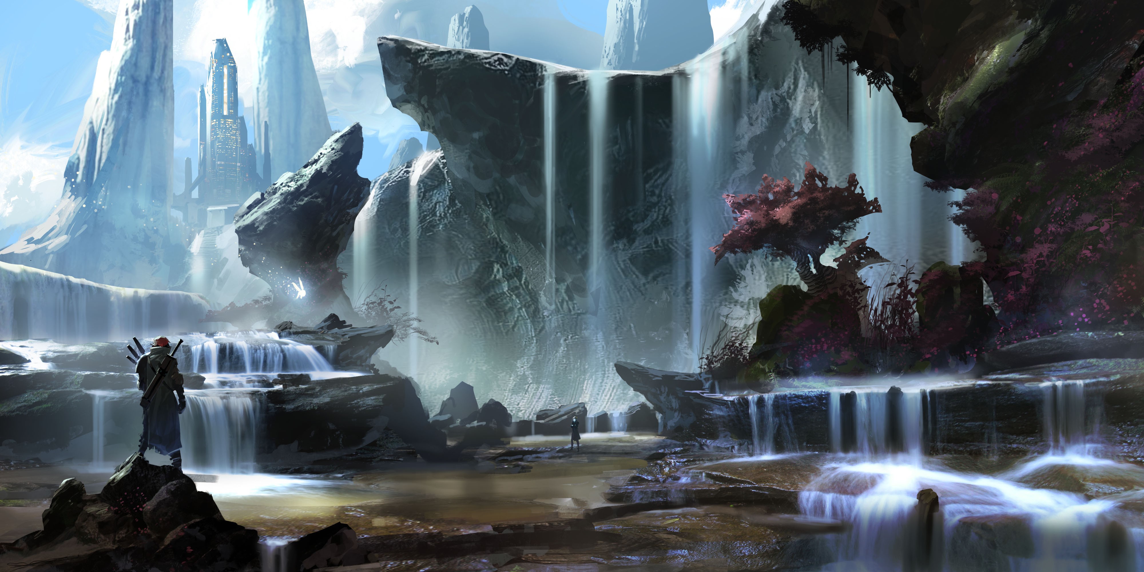 Fantastic world with waterfalls and futuristic city HD Wallpaper