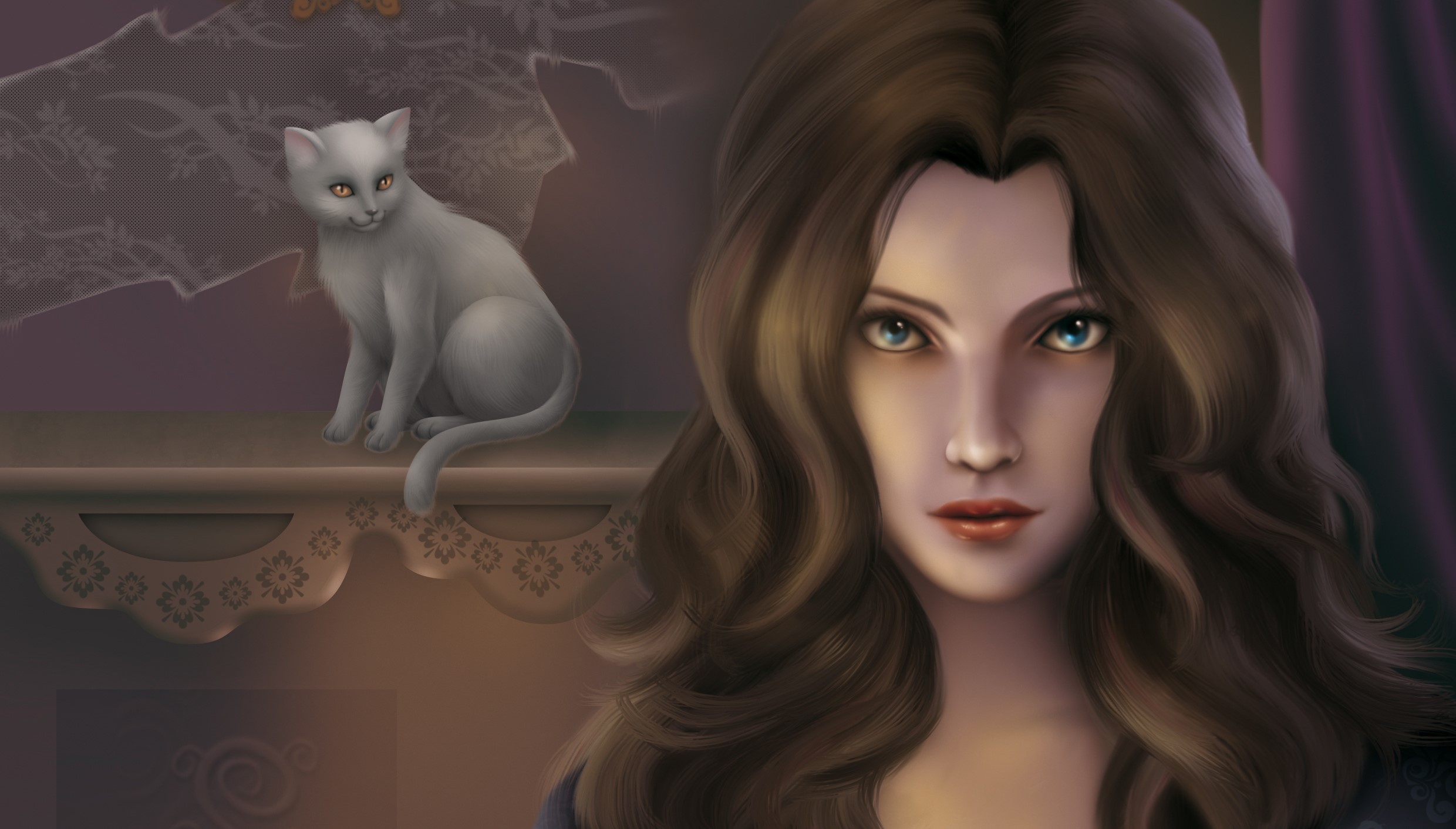 Painting of a woman with brown hair and a white cat HD Wallpaper