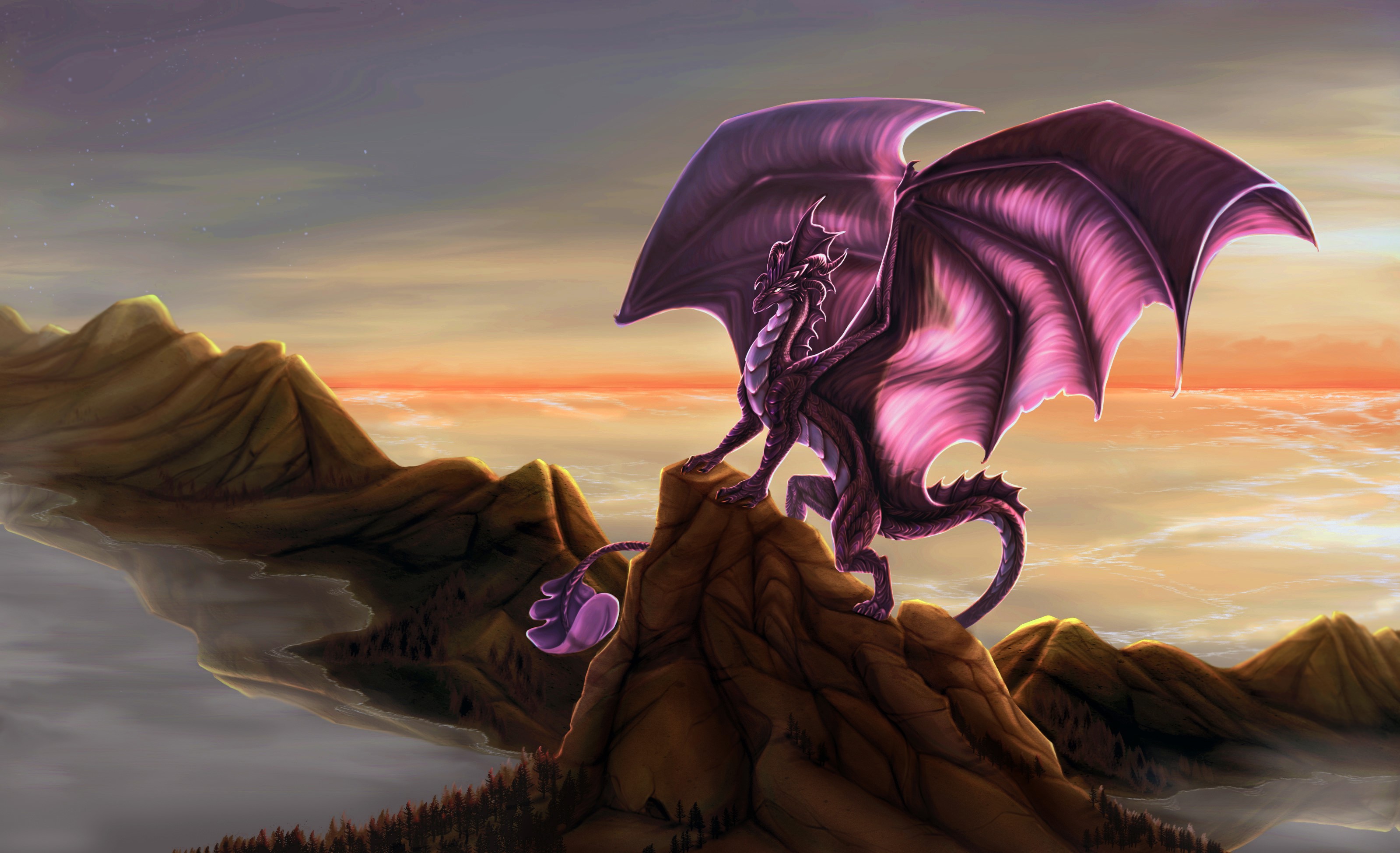 Violet dragon perched on a mountain peak at sunset HD Wallpaper