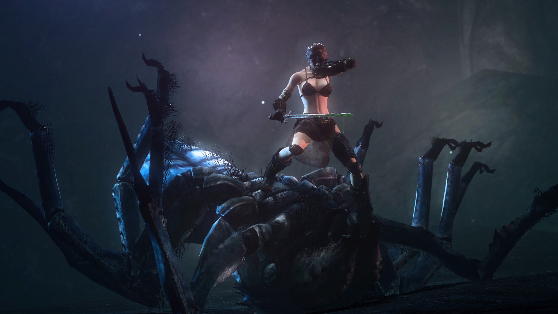 Warrior woman riding a giant spider in a dark cave HD Wallpaper