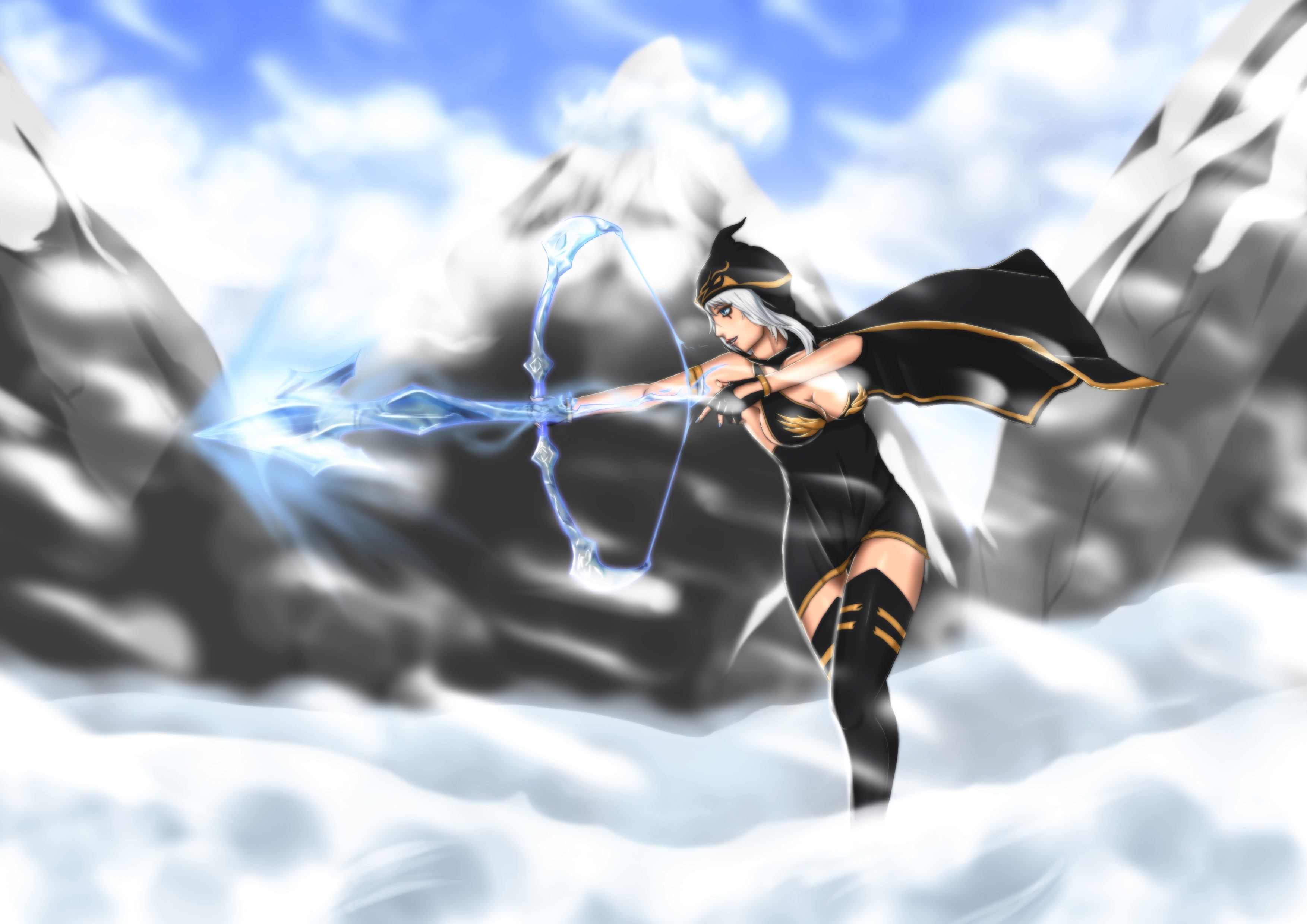 Ashe from League of Legends with a bow in the snow HD Wallpaper