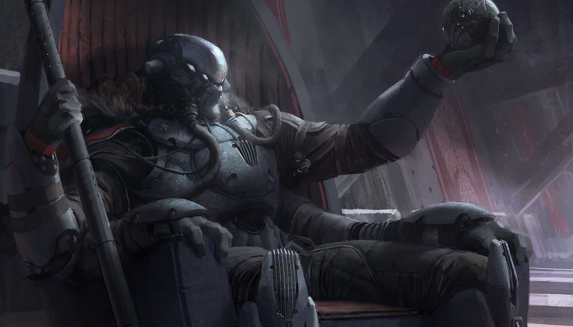Armored warrior sitting on a throne holding a sphere HD Wallpaper
