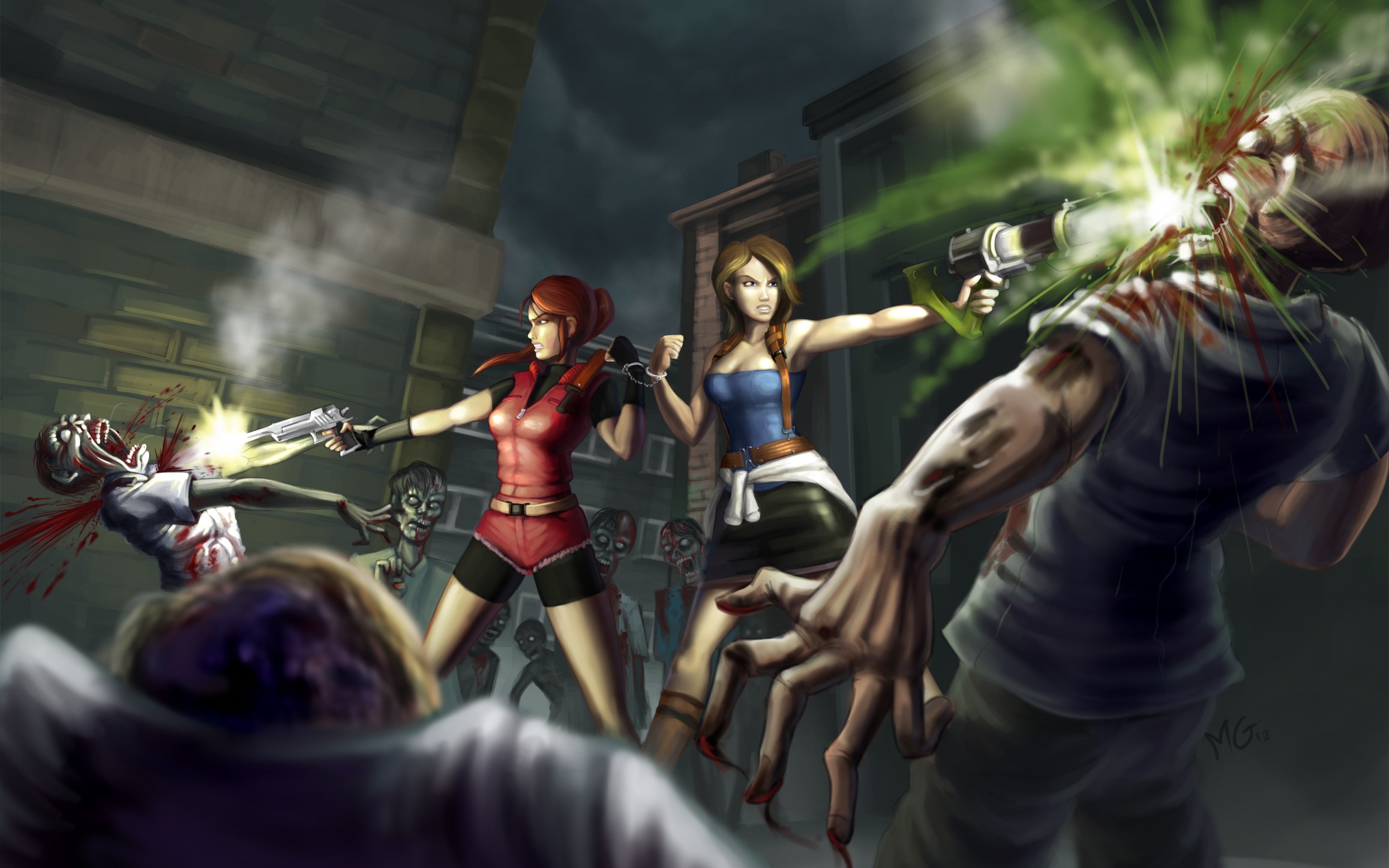 Claire Redfield and Jill Valentine fighting zombies HD Wallpaper