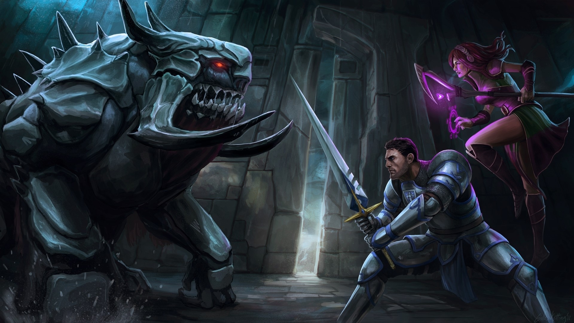 Monster fighting a knight and a mage in a dungeon HD Wallpaper