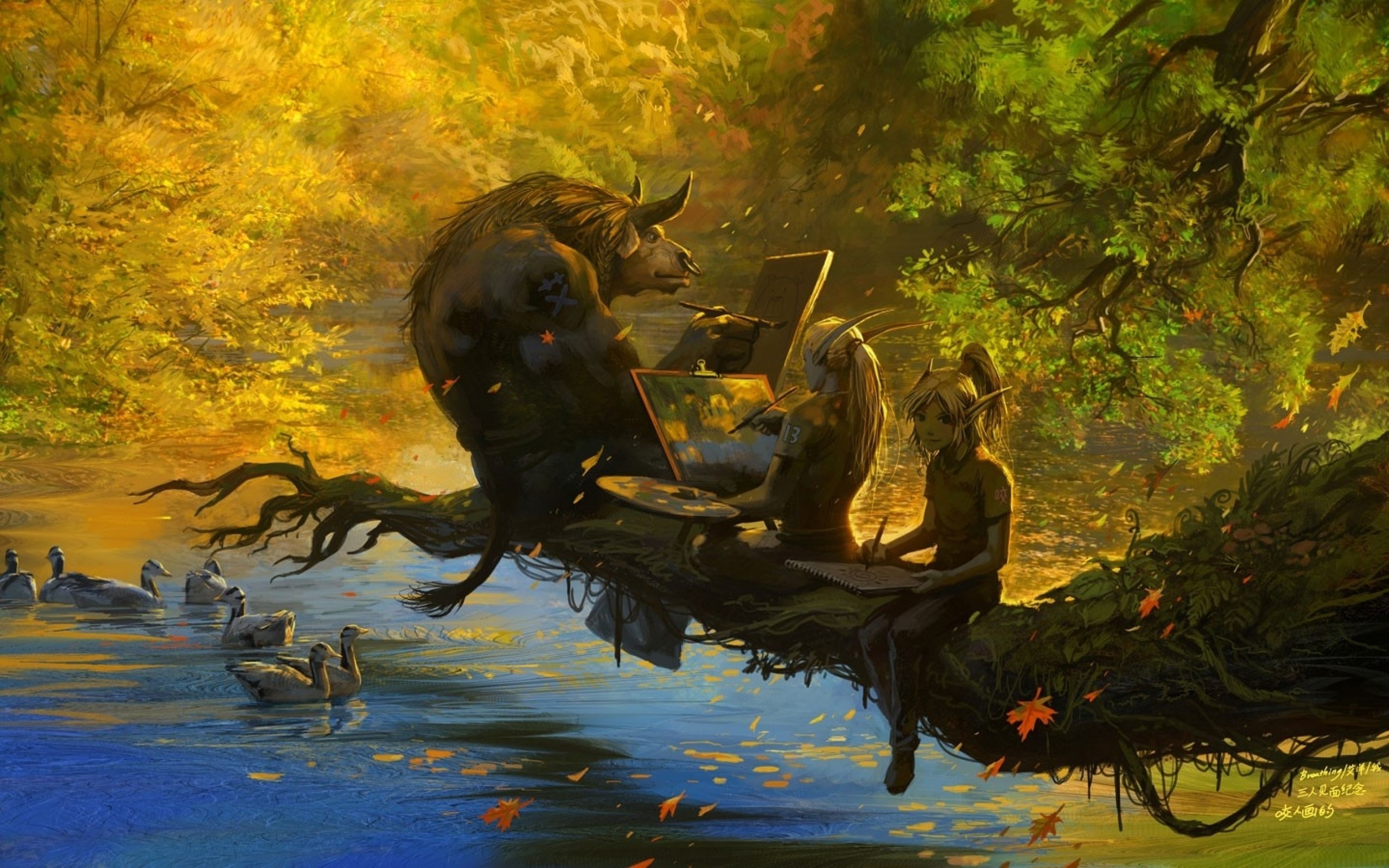 Tauren and Elves painting by a lake in Autumn HD Wallpaper