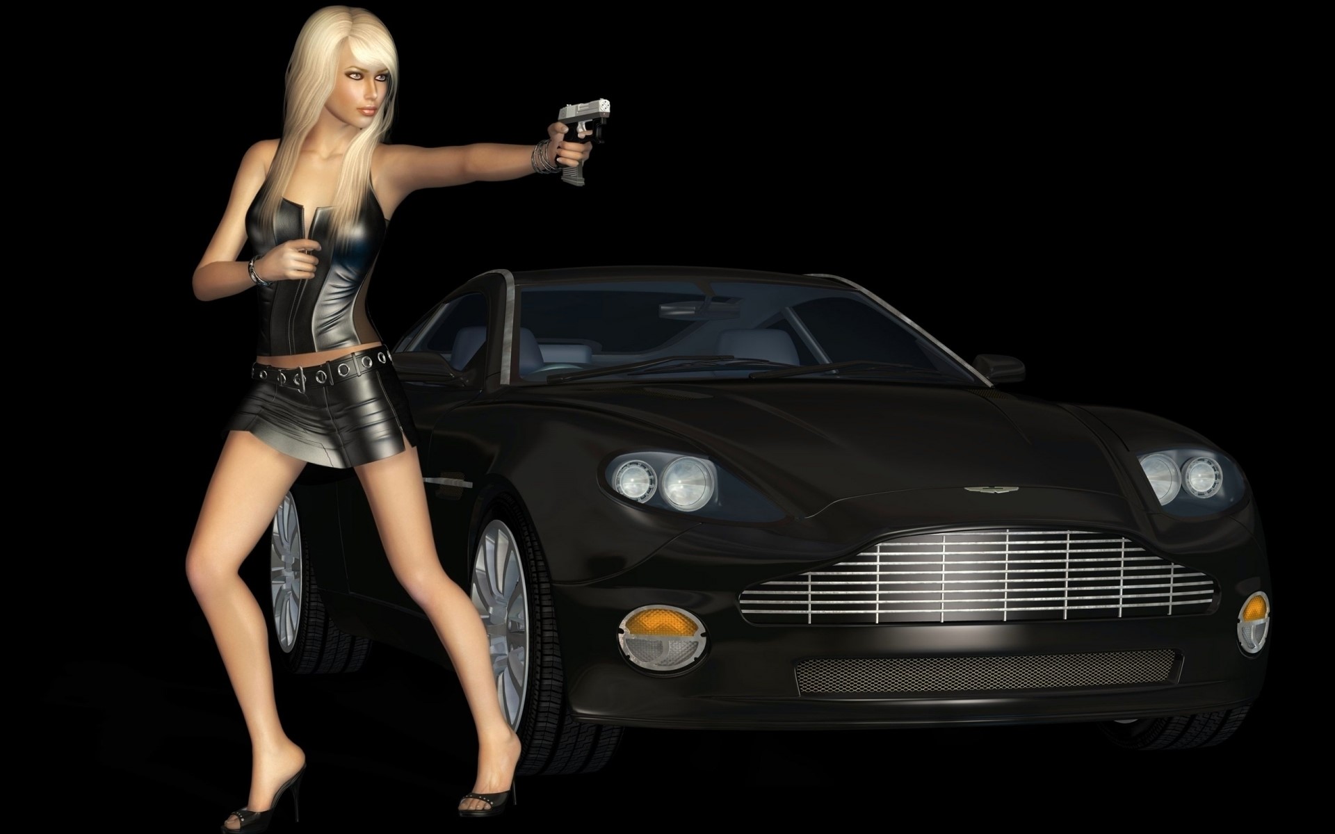 Blonde woman with gun and Aston Martin HD Wallpaper