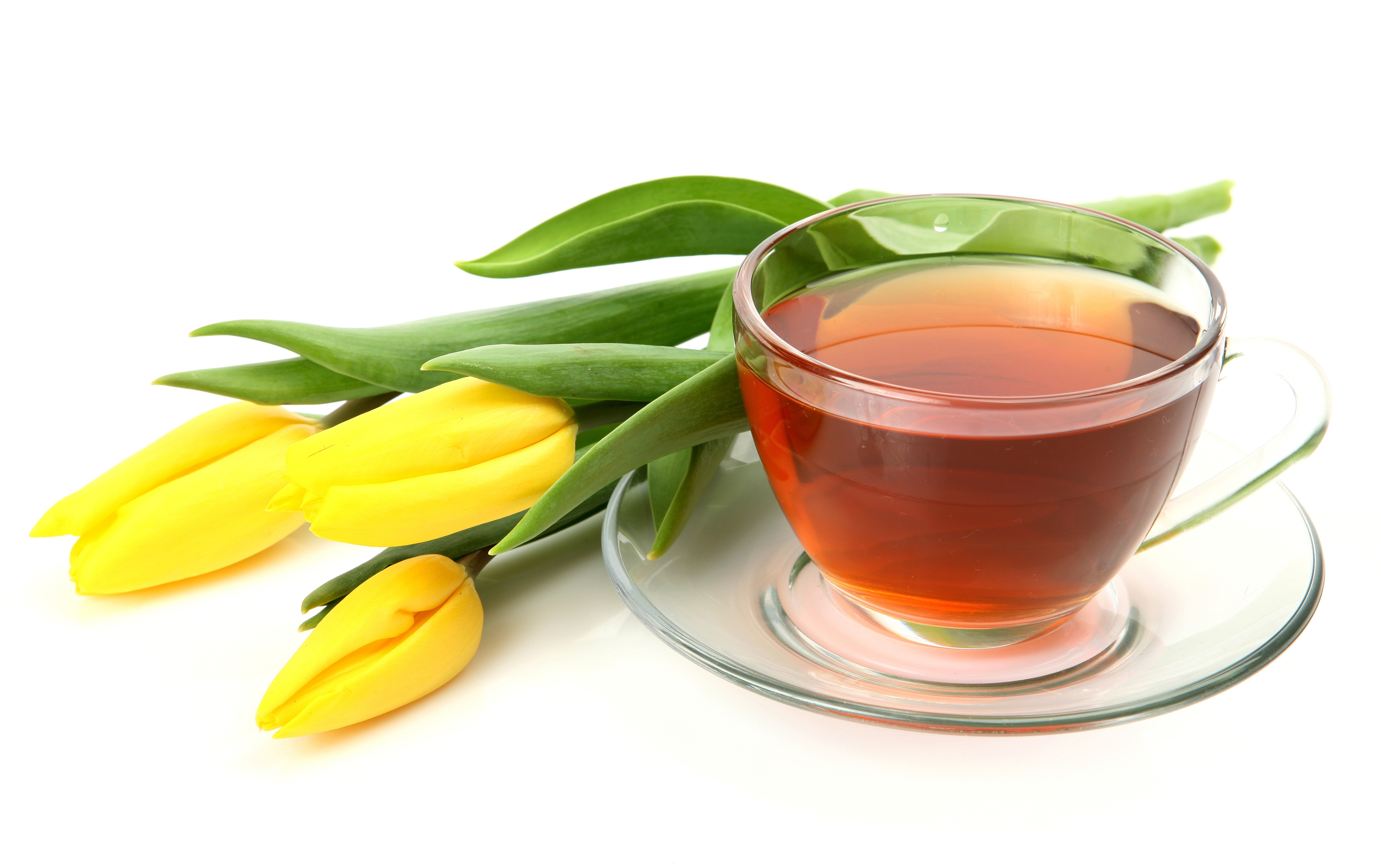 Yellow tulips and a cup of tea on a saucer HD Wallpaper
