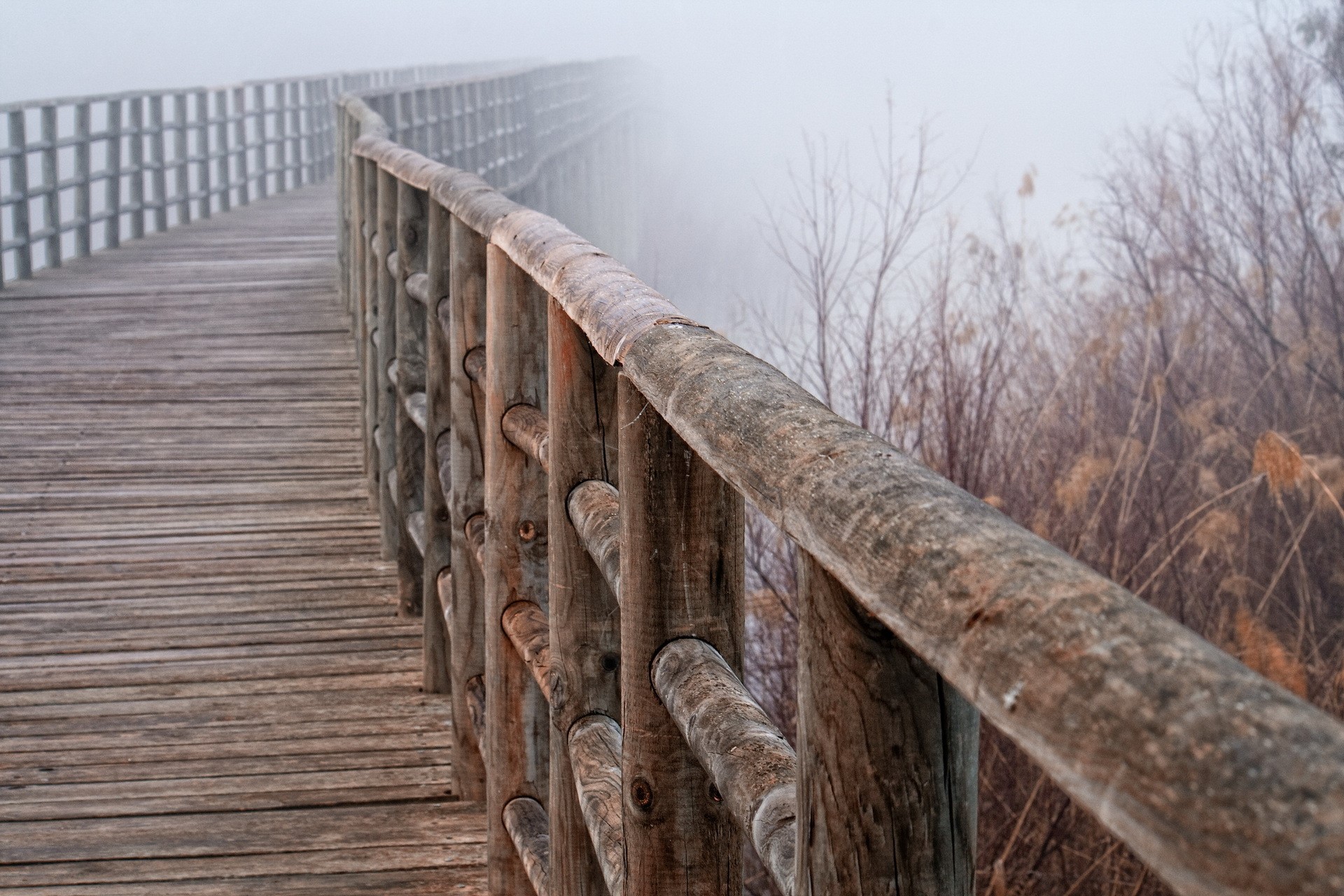 Wooden boardwalk with railing in fog HD Wallpaper