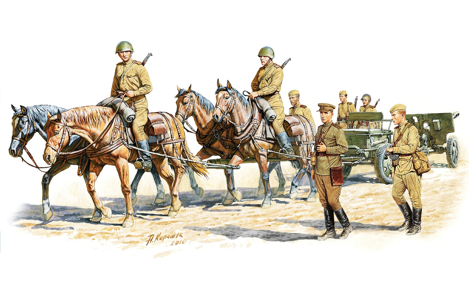 Soldiers with horses and artillery piece HD Wallpaper