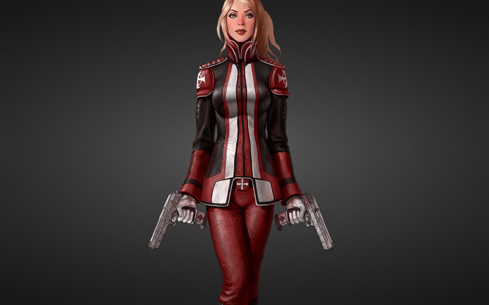 Woman in red and black uniform holding two pistols HD Wallpaper