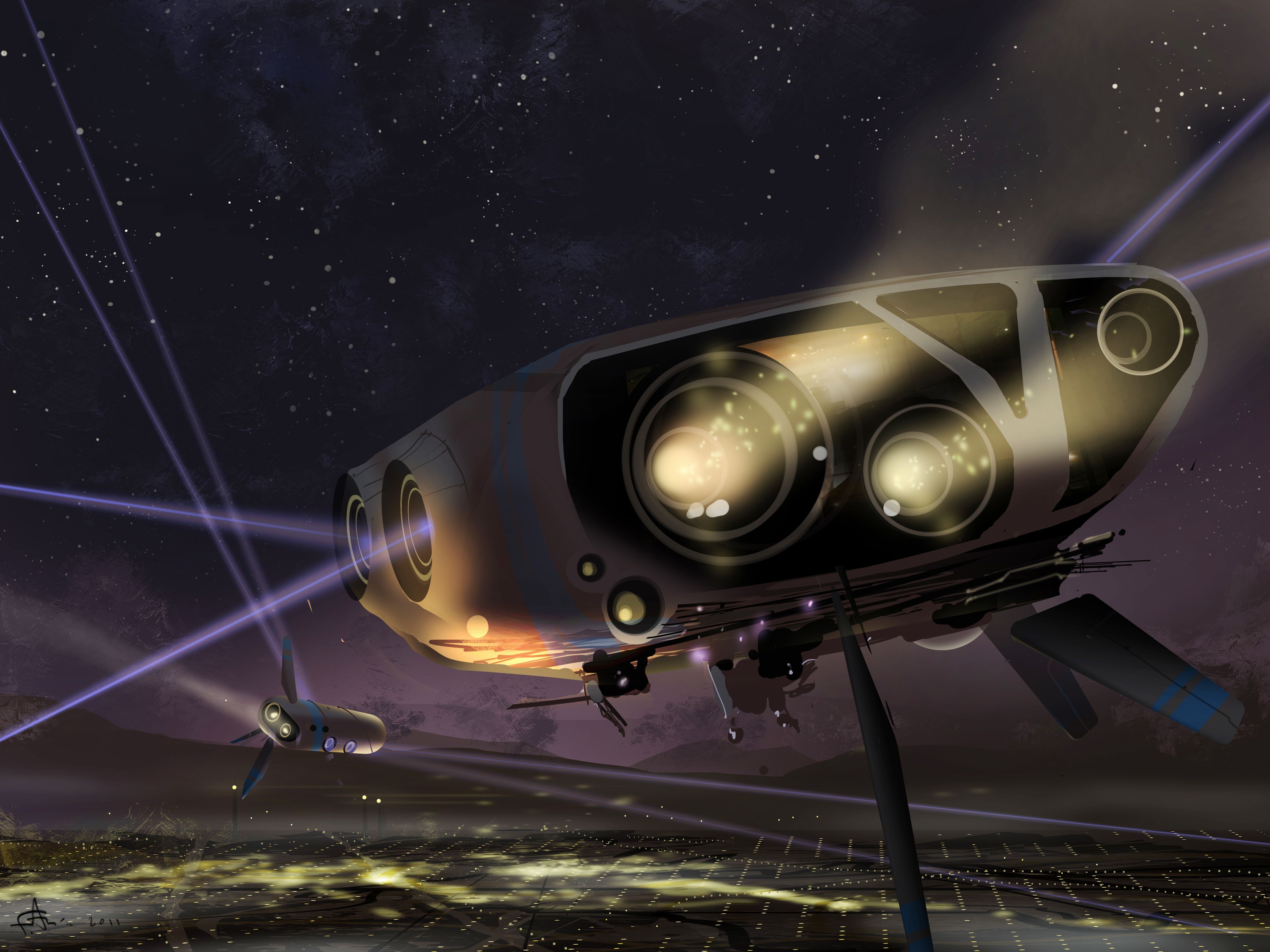 Spaceships flying over a futuristic city at night HD Wallpaper